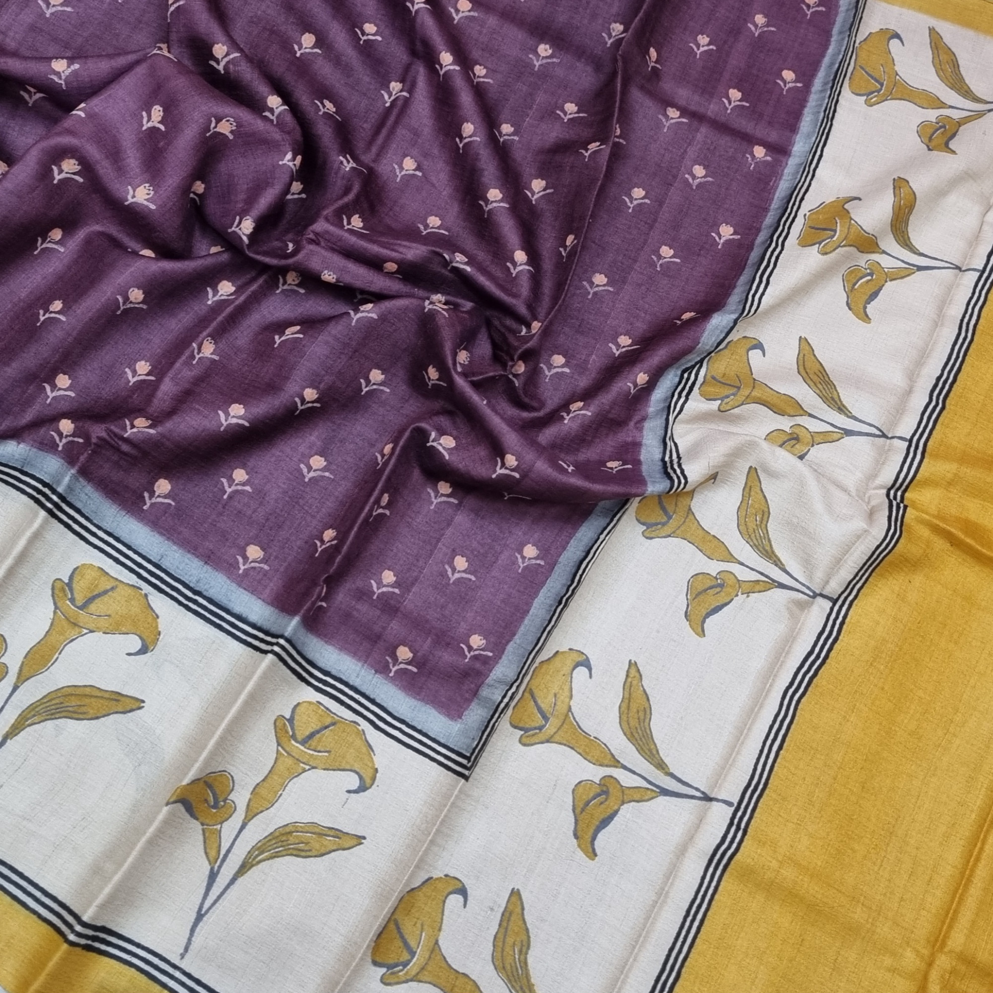 Tussar block print cocoa brown