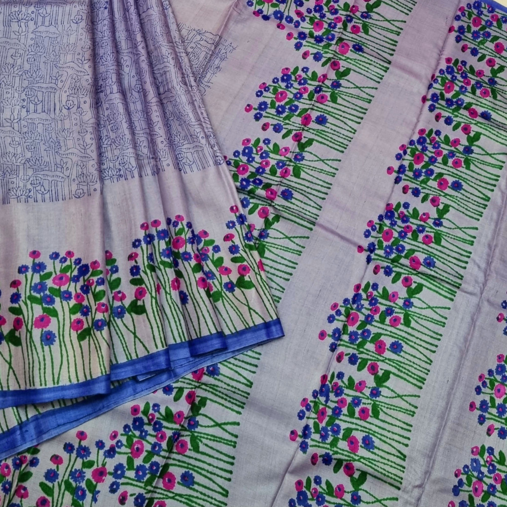 Image of Tussar block print lovely light purple
