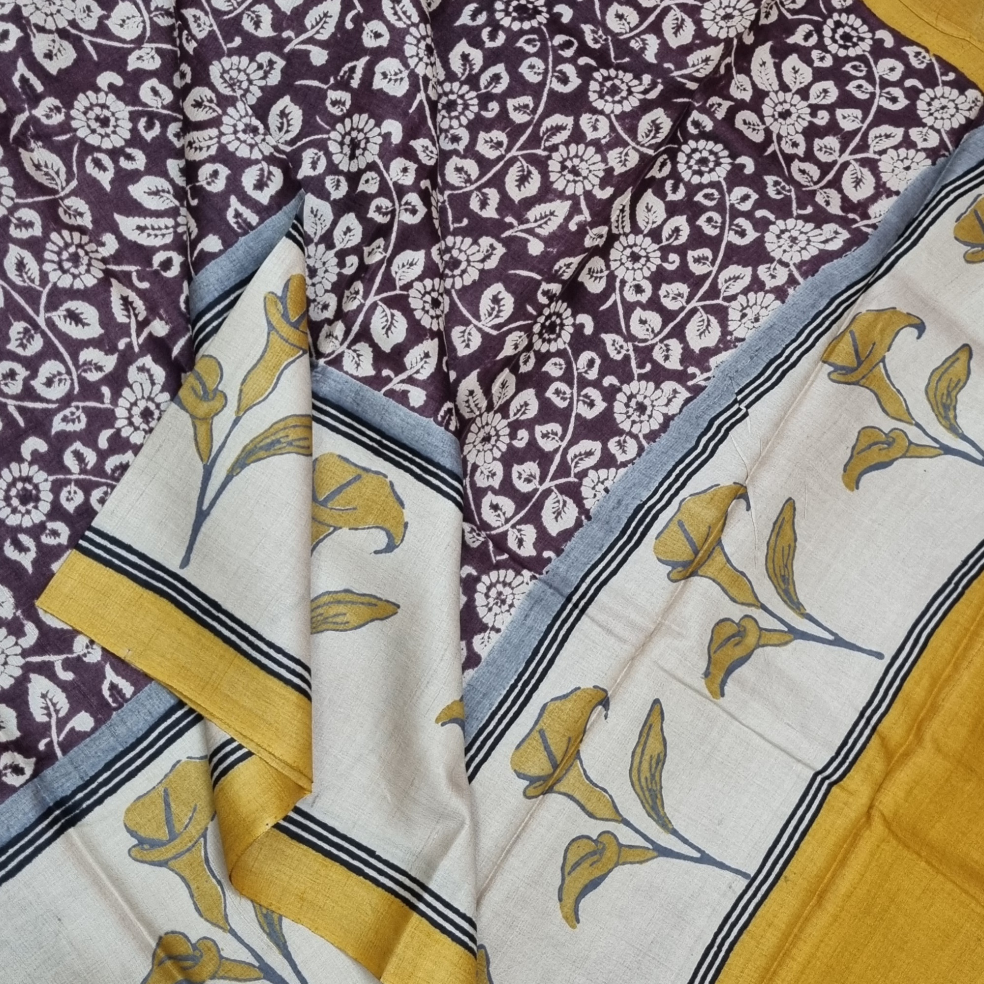 Tussar block print brown