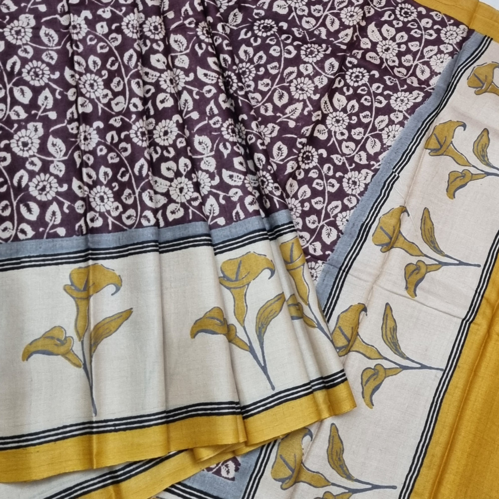 Image of Tussar block print brown