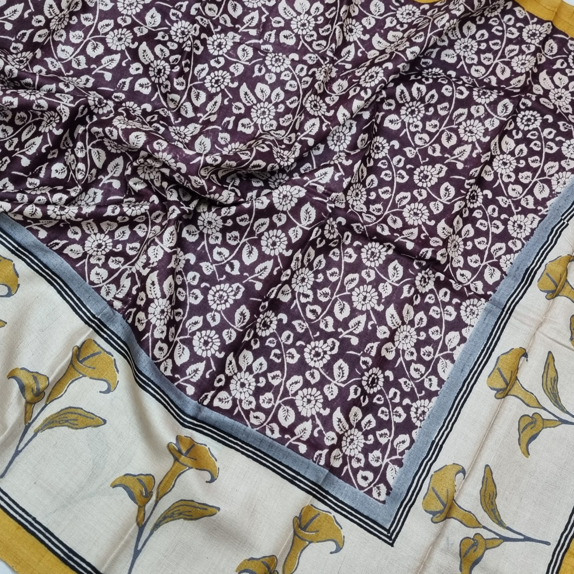 Tussar block print brown
