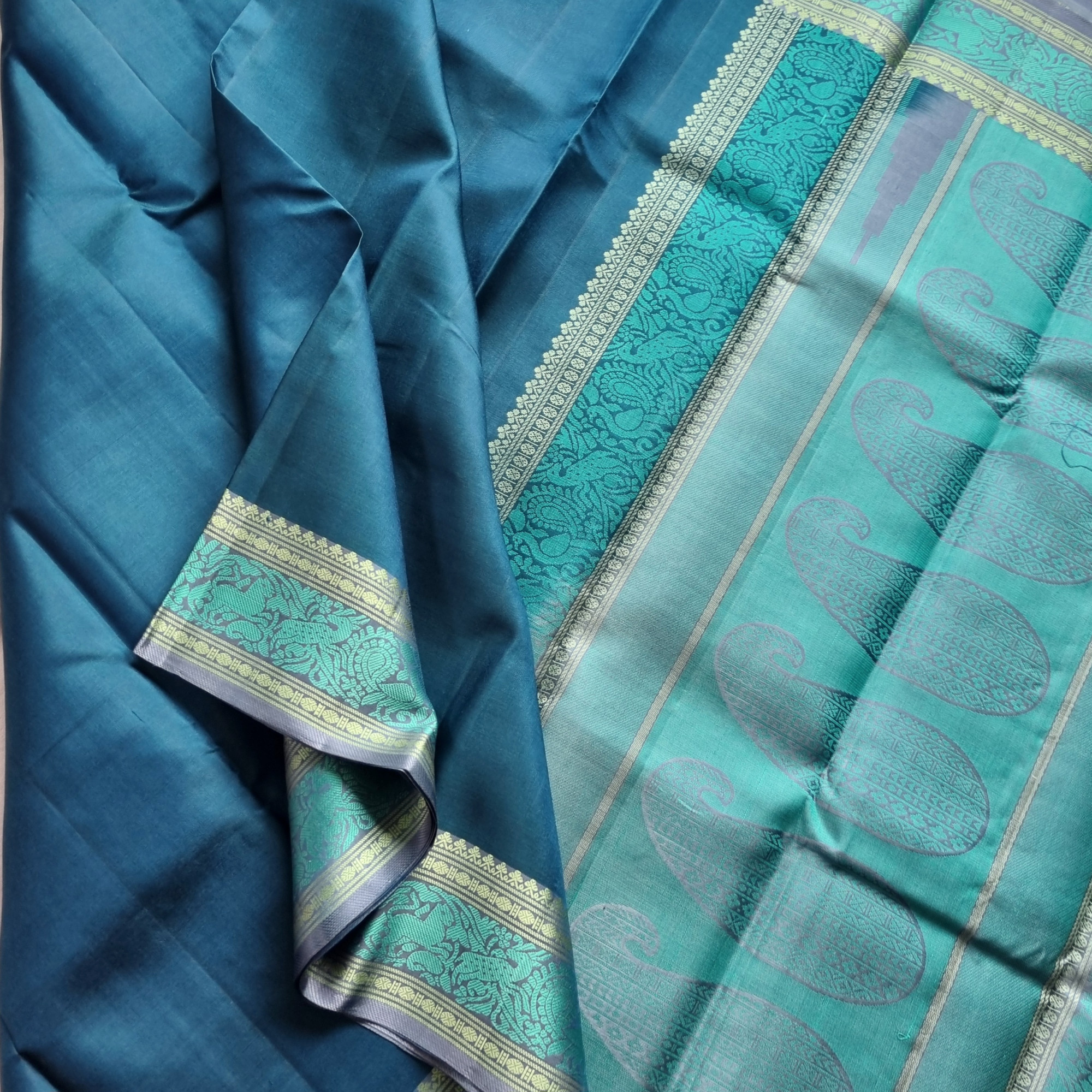 Kanjivaram Silk  deep teal threadwork