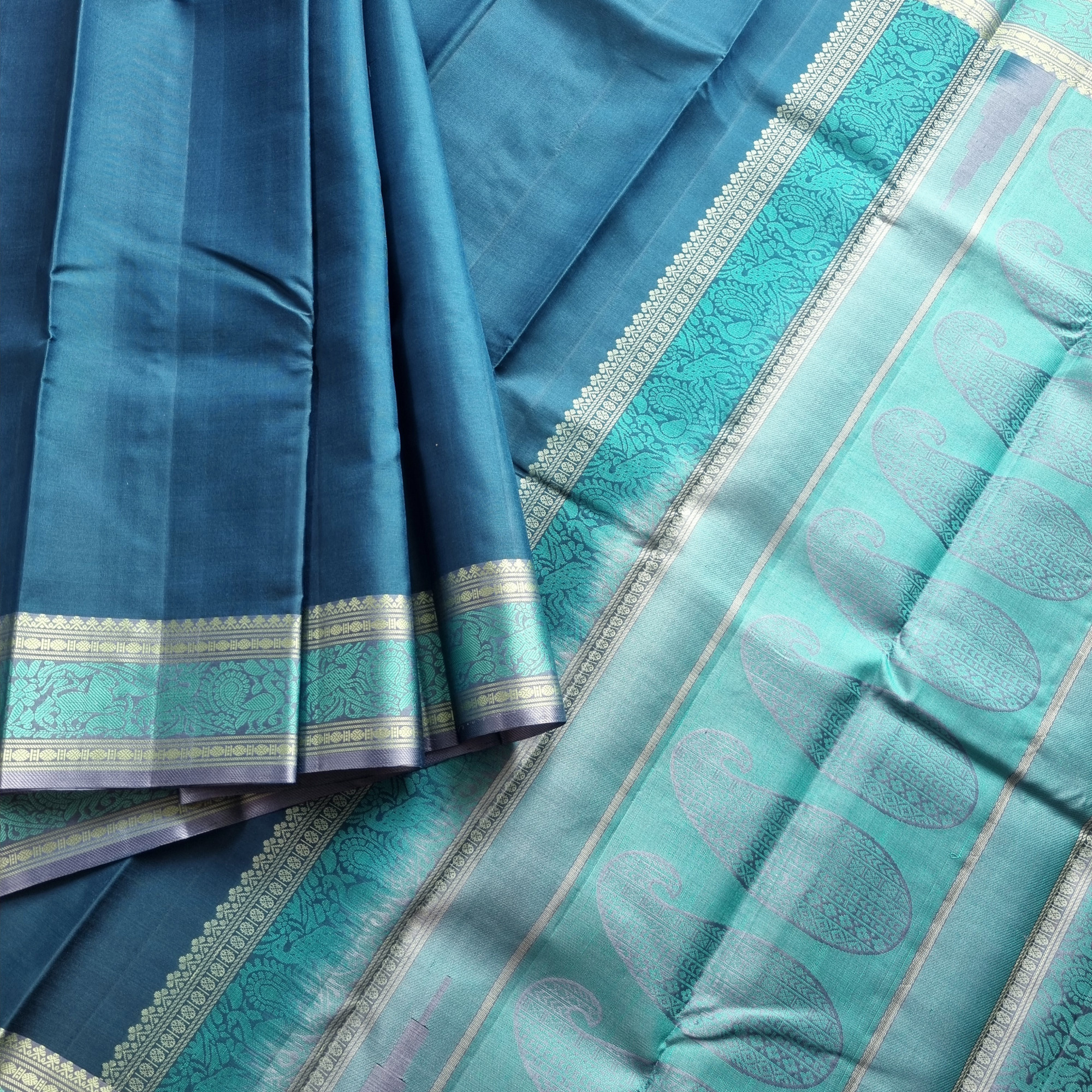 Kanjivaram Silk  deep teal threadwork