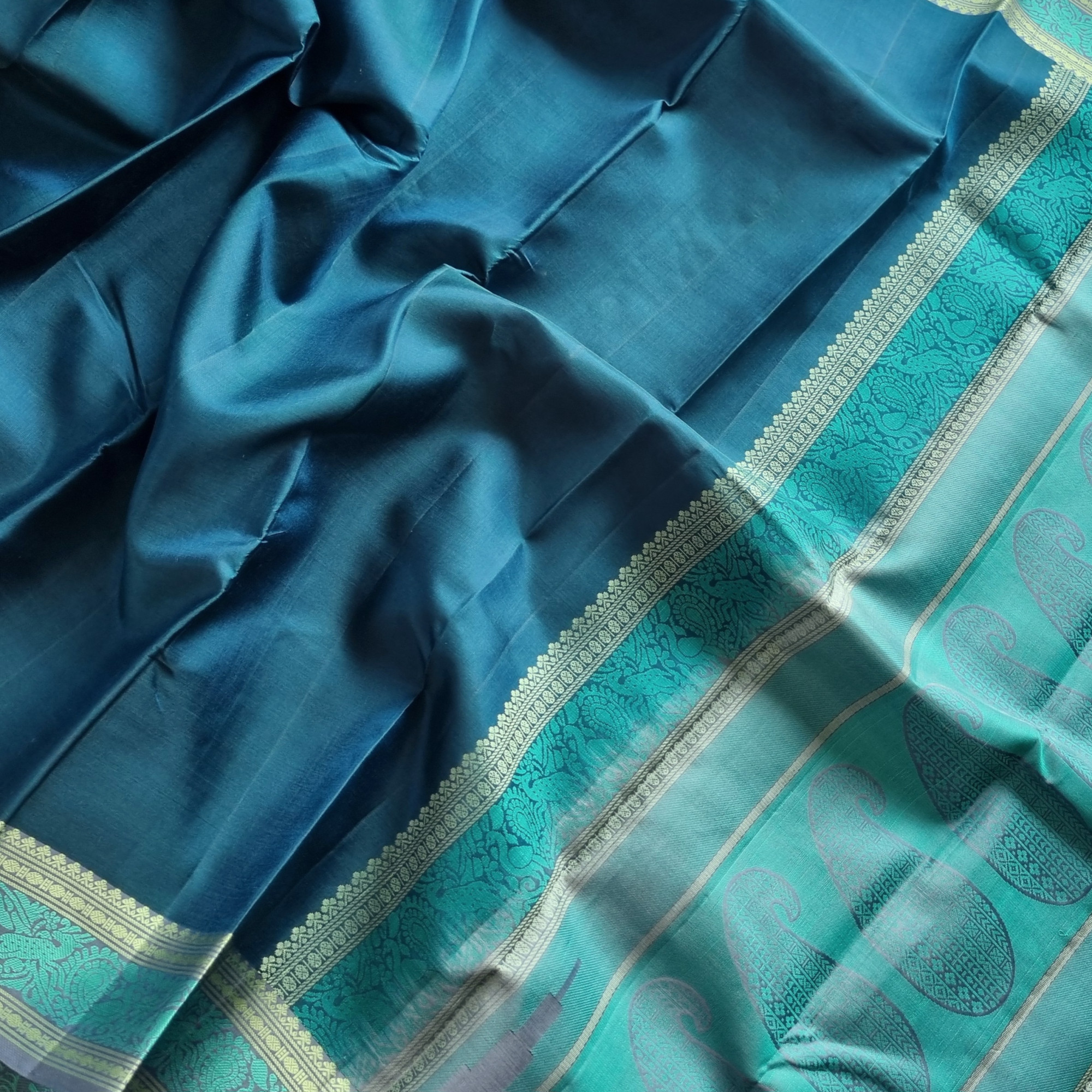 Kanjivaram Silk  deep teal threadwork