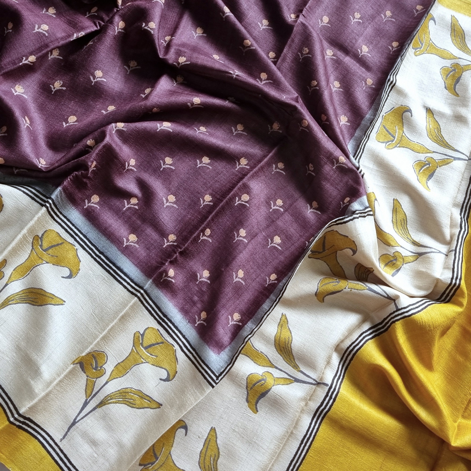 Tussar block print cocoa brown