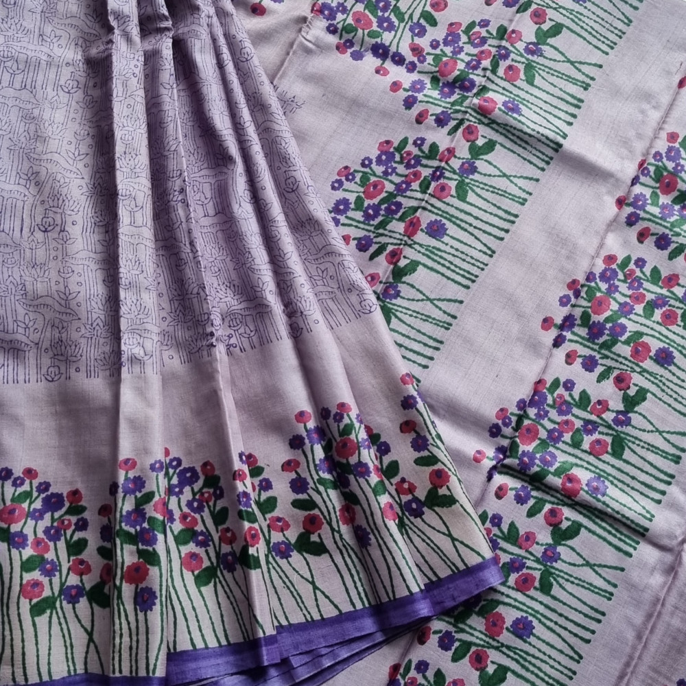 Image of Tussar block print lovely light purple