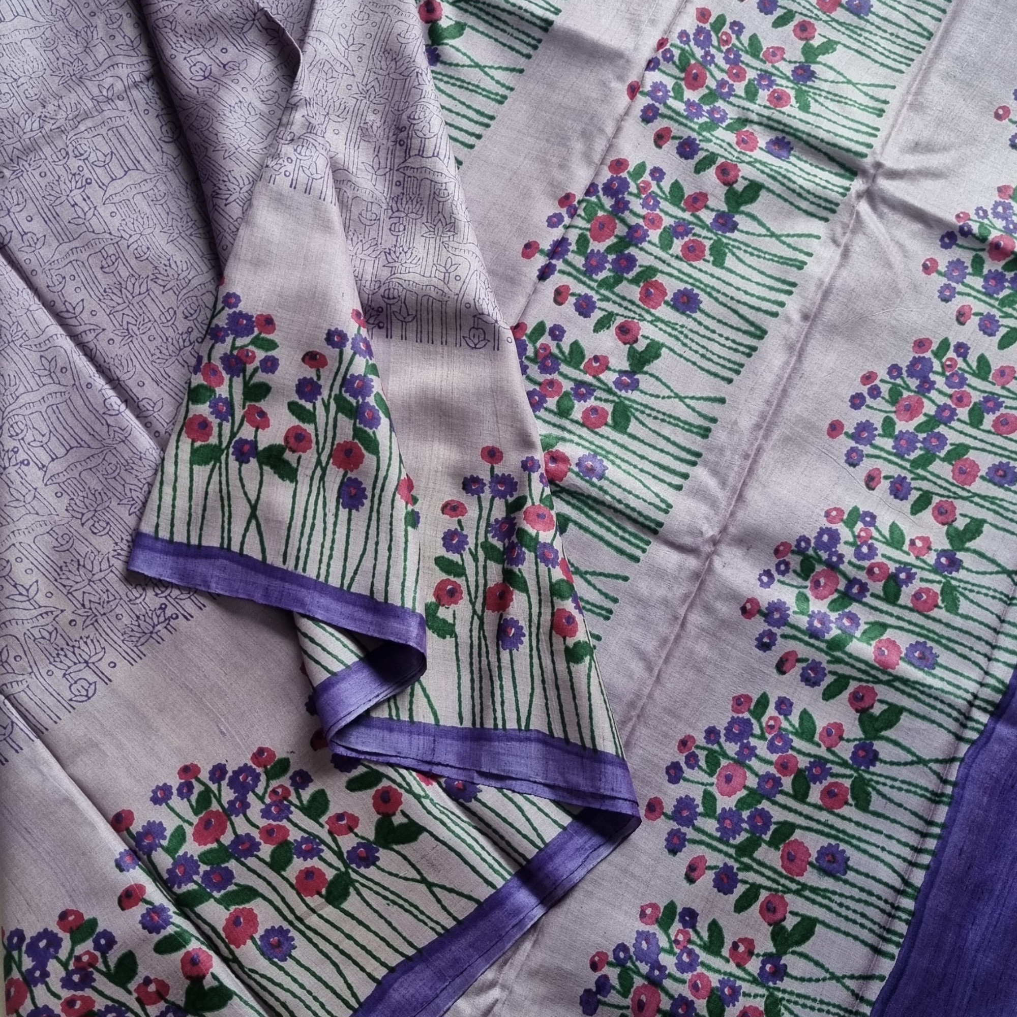 Tussar block print lovely light purple