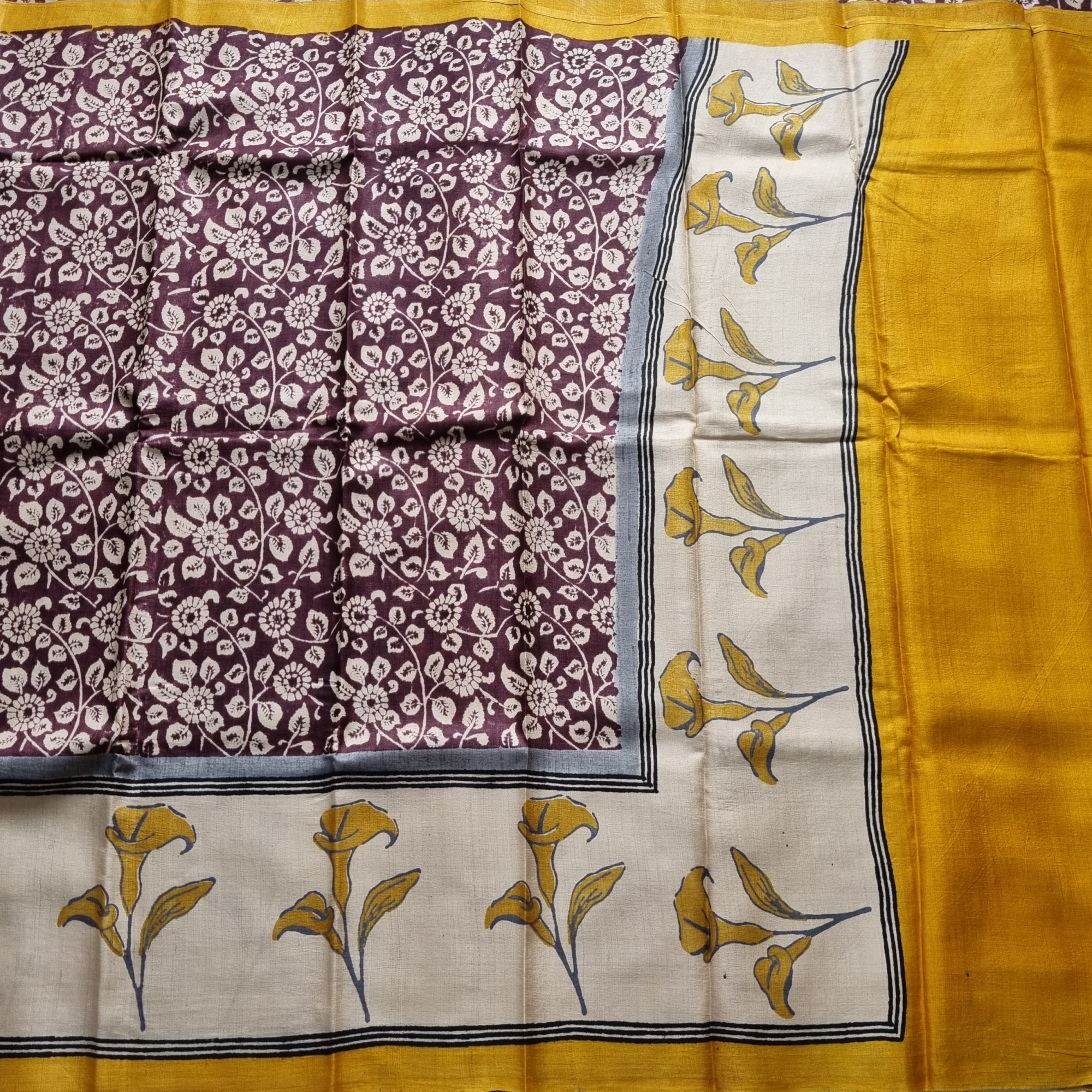 Tussar block print brown