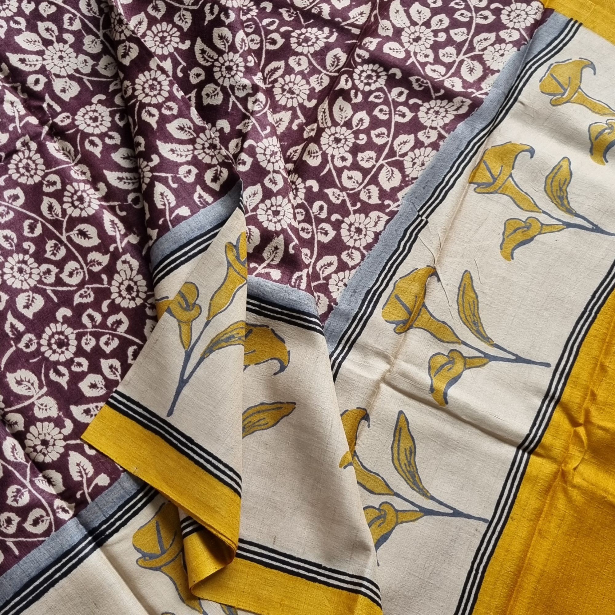 Tussar block print brown