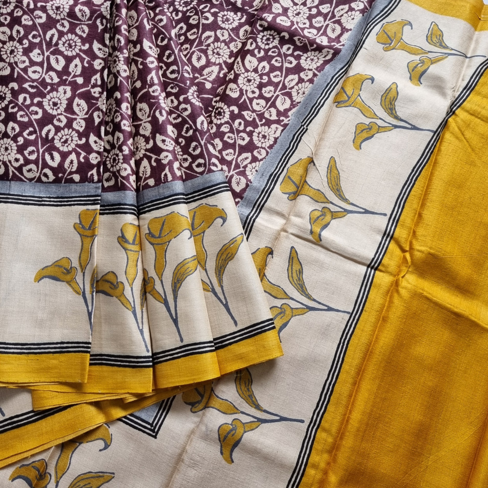 Image of Tussar block print brown