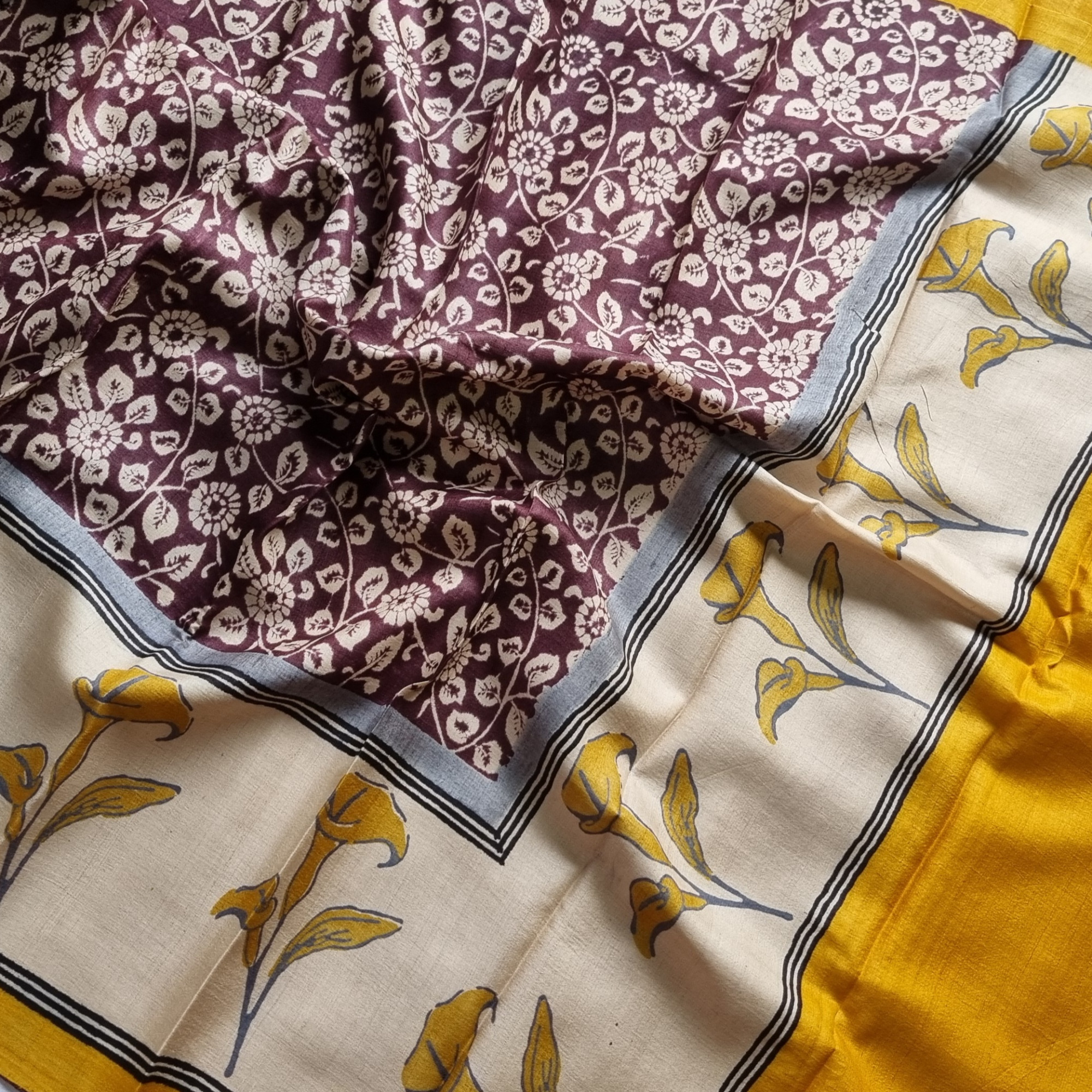 Tussar block print brown