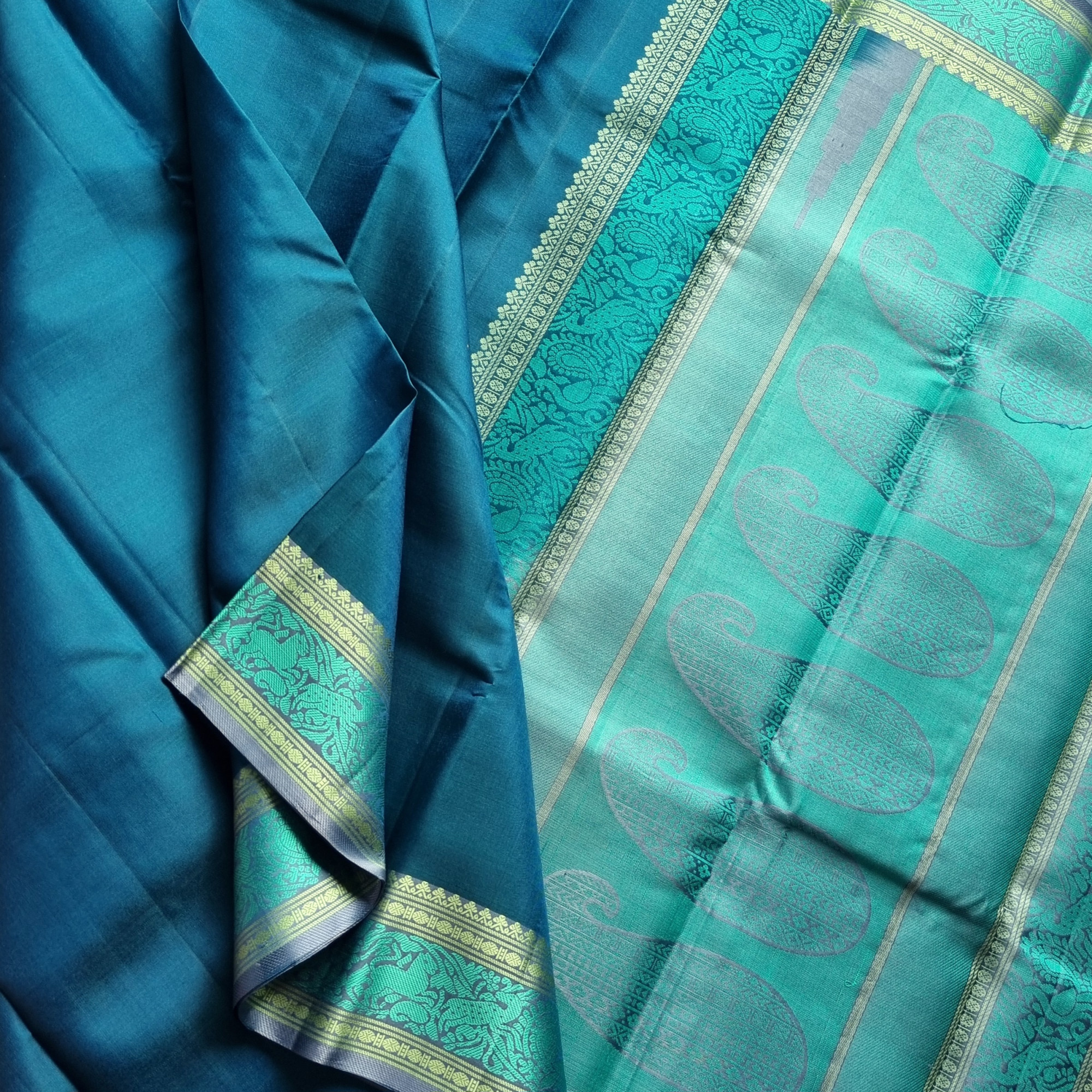 Kanjivaram Silk  deep teal threadwork