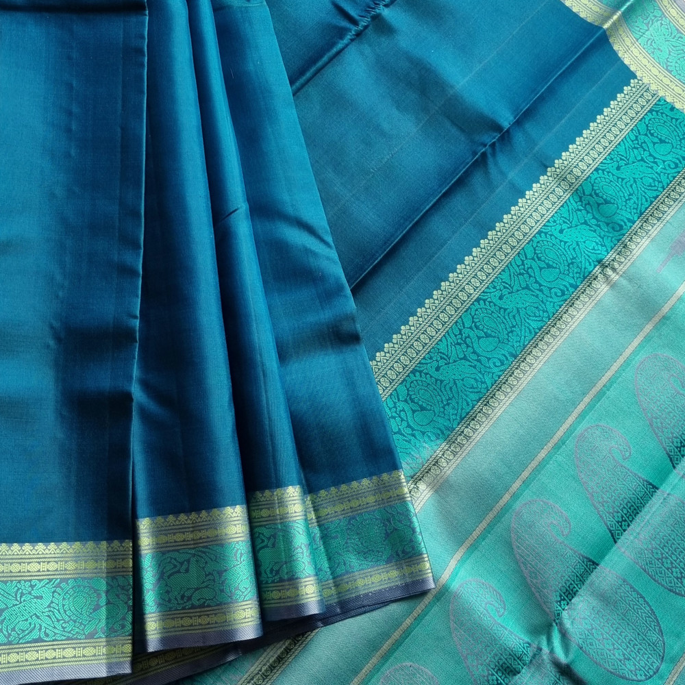 Image of Kanjivaram Silk  deep teal threadwork