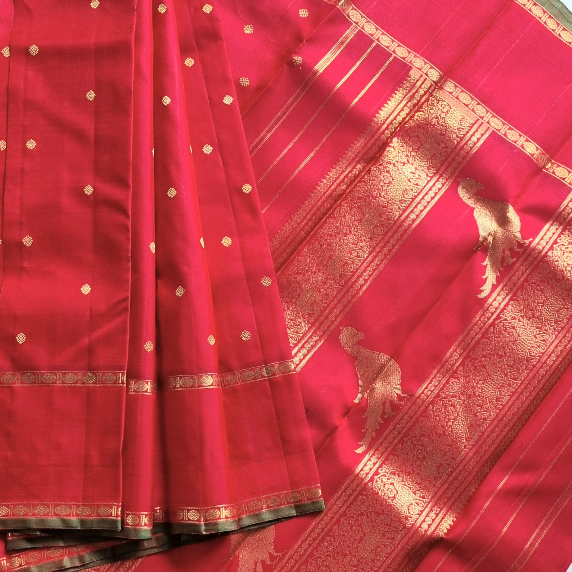 Kanjivaram silk saree festive red with Kalashetra  Kili on pallu