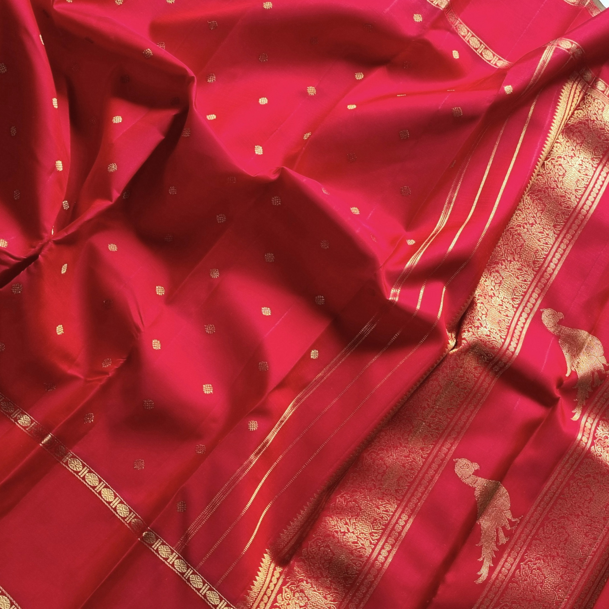 Kanjivaram silk saree festive red with Kalashetra  Kili on pallu