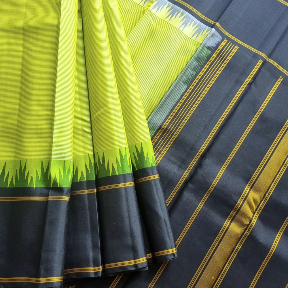 Image of Kanjivaram Silk Korvai green pinstripes