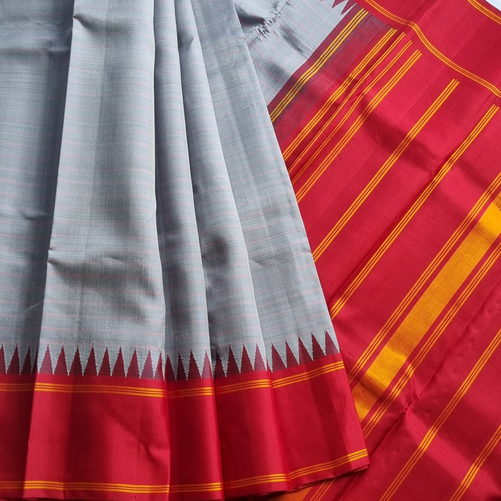 Image of Kanjivaram Silk Korvai graceful grey stripes