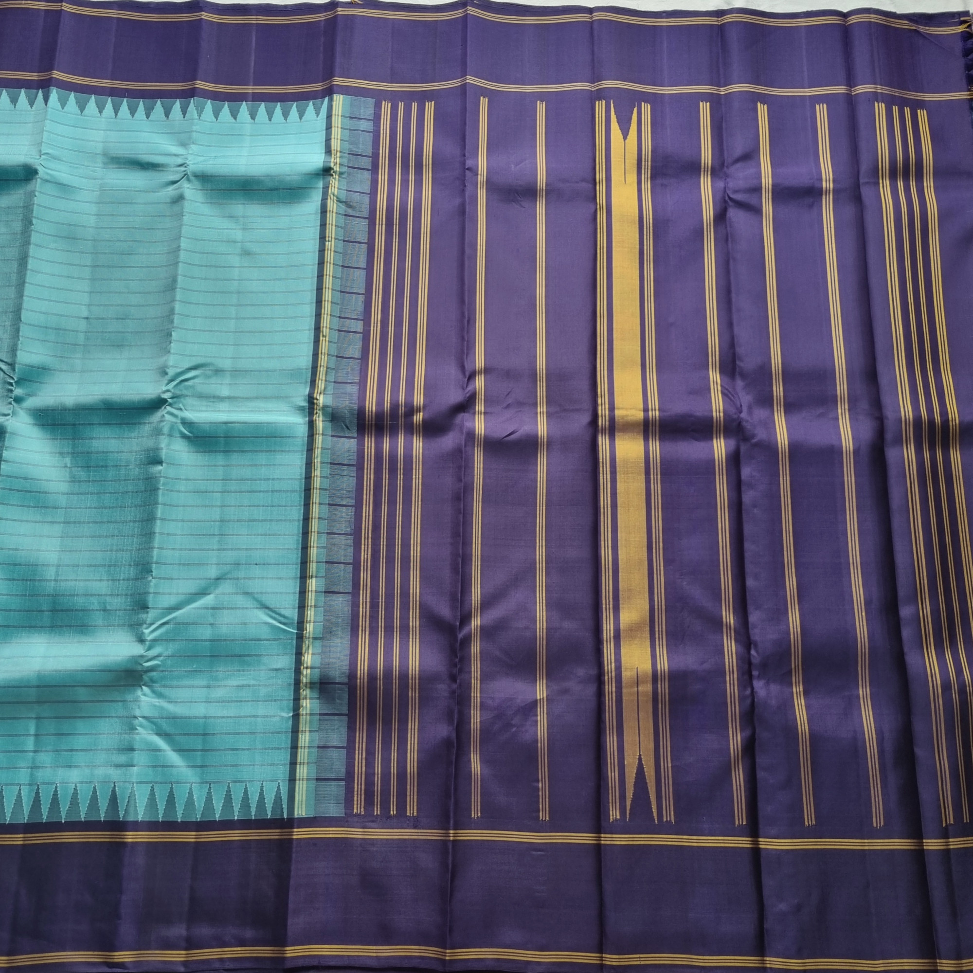 Kanjivaram Silk Korvai sky blue stripes