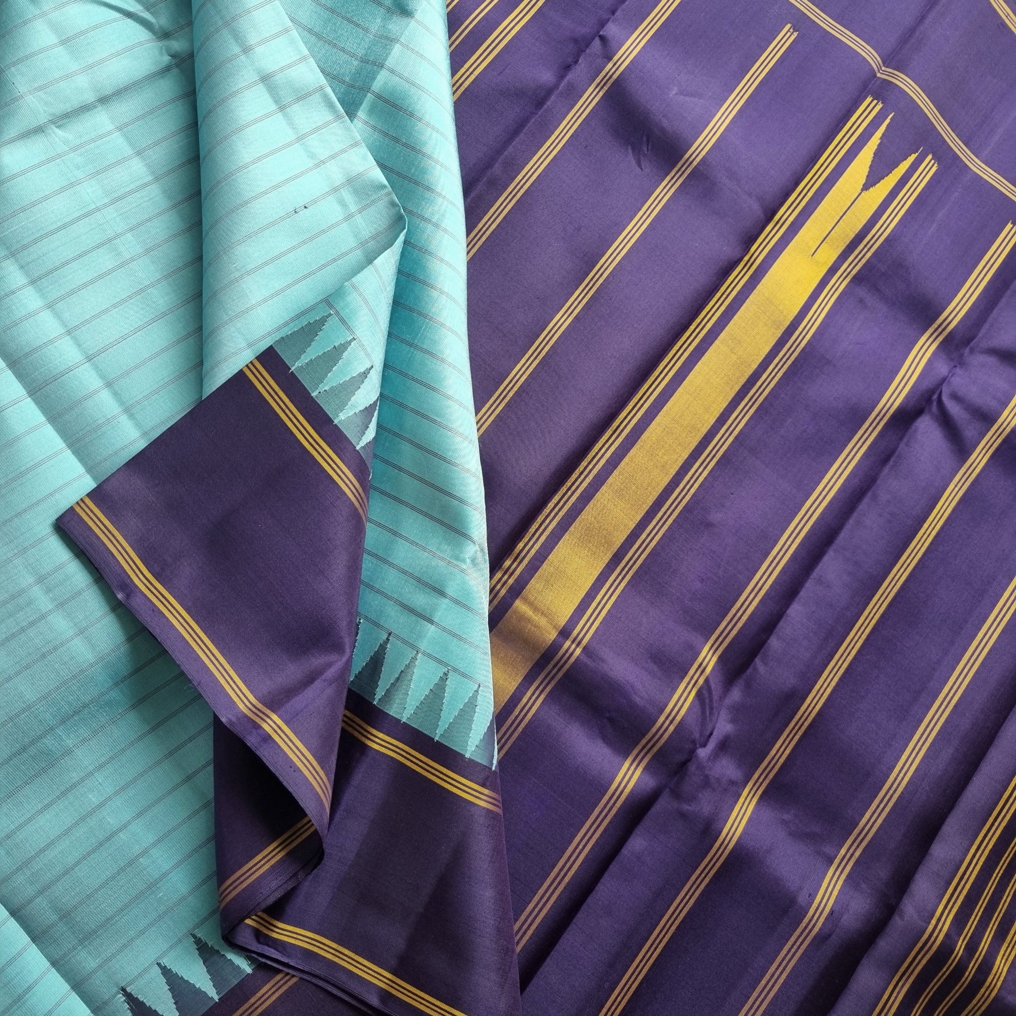 Kanjivaram Silk Korvai sky blue stripes