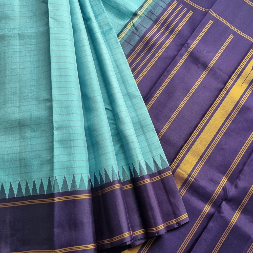 Image of Kanjivaram Silk Korvai sky blue stripes