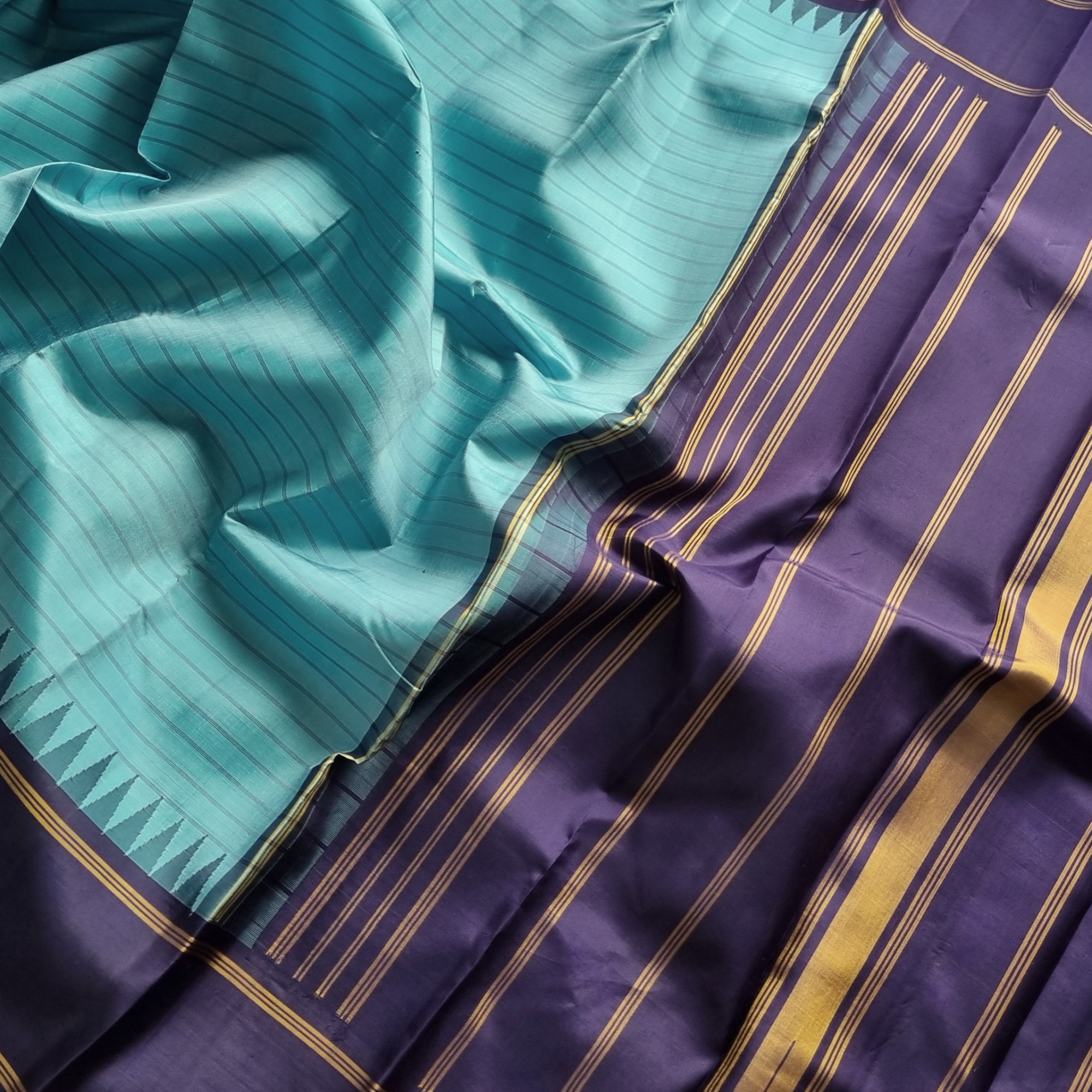 Kanjivaram Silk Korvai sky blue stripes