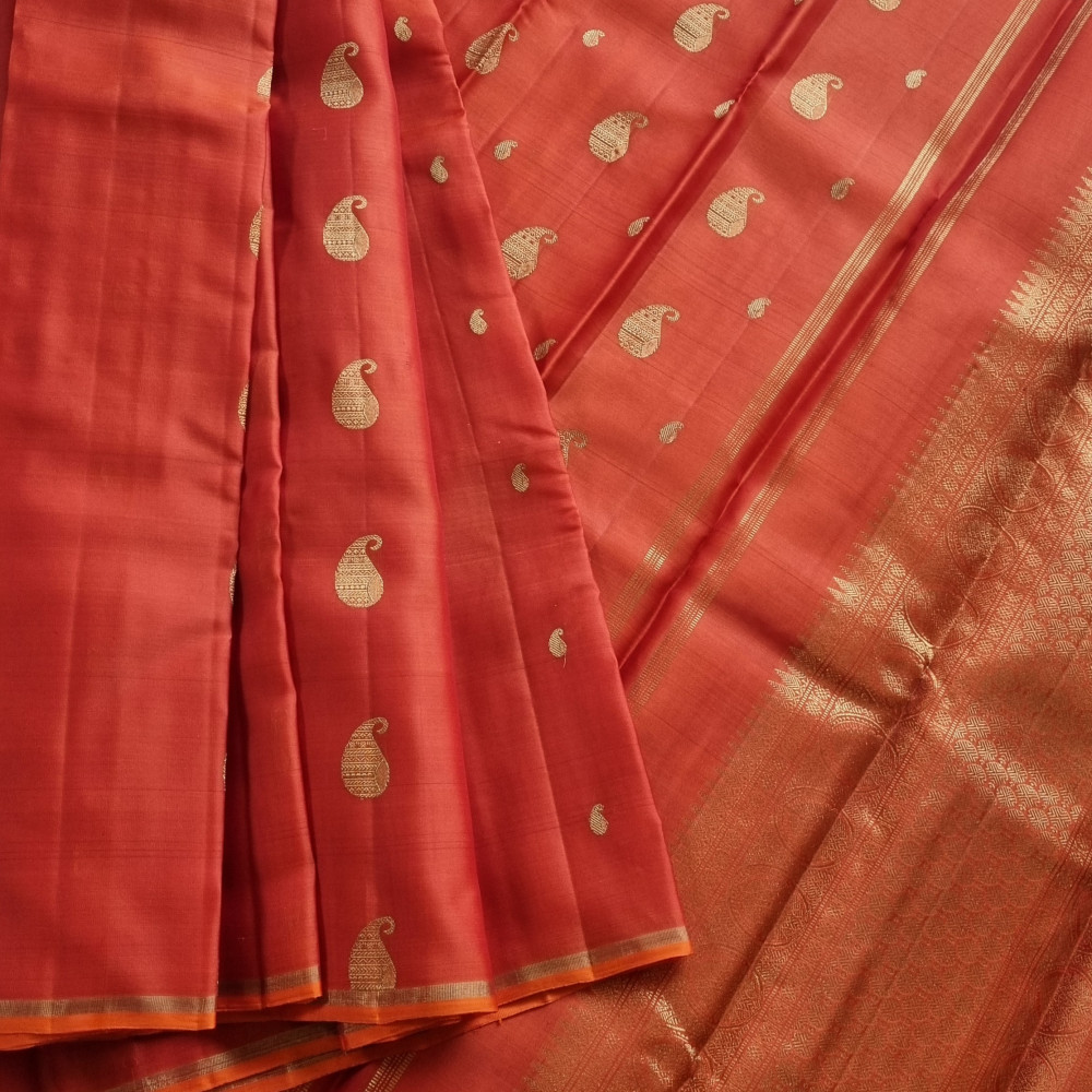 Image of Organza Kanjivaram orange with paisley buttas
