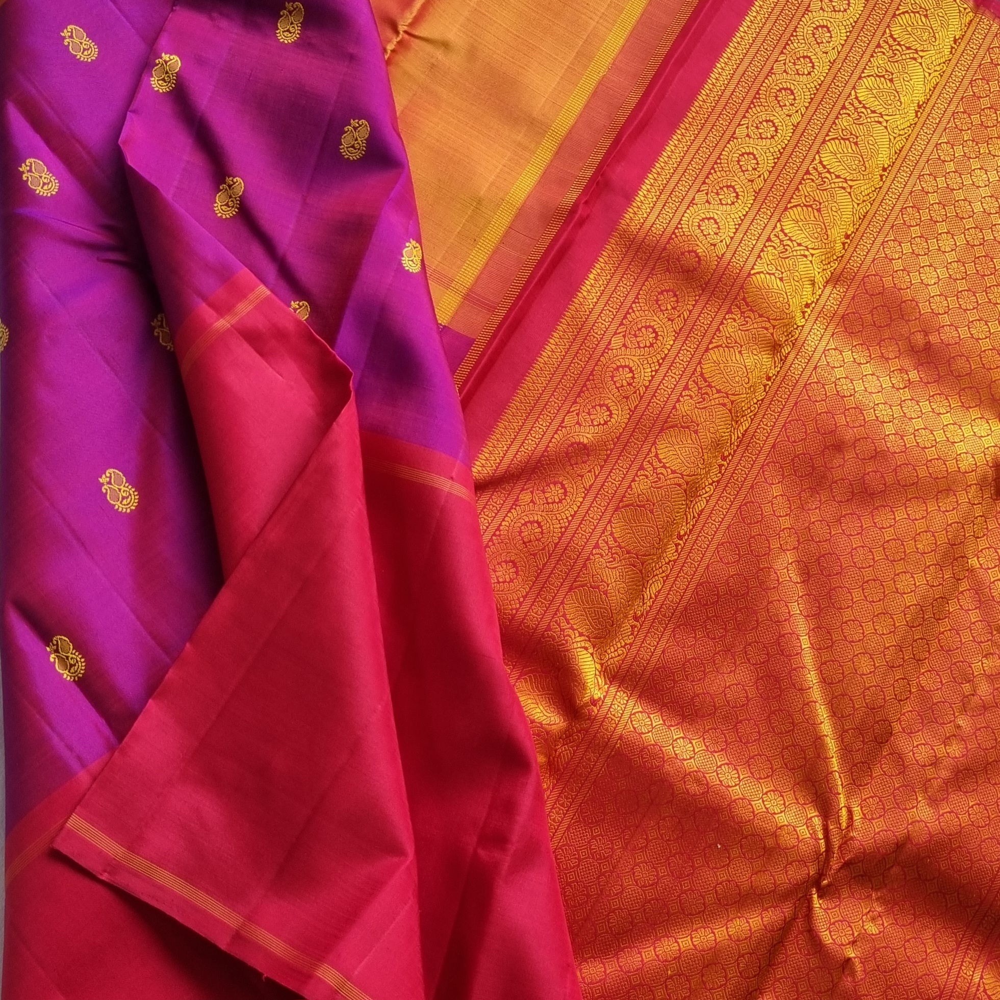 No zari Mubbagam Kanjivaram silk saree