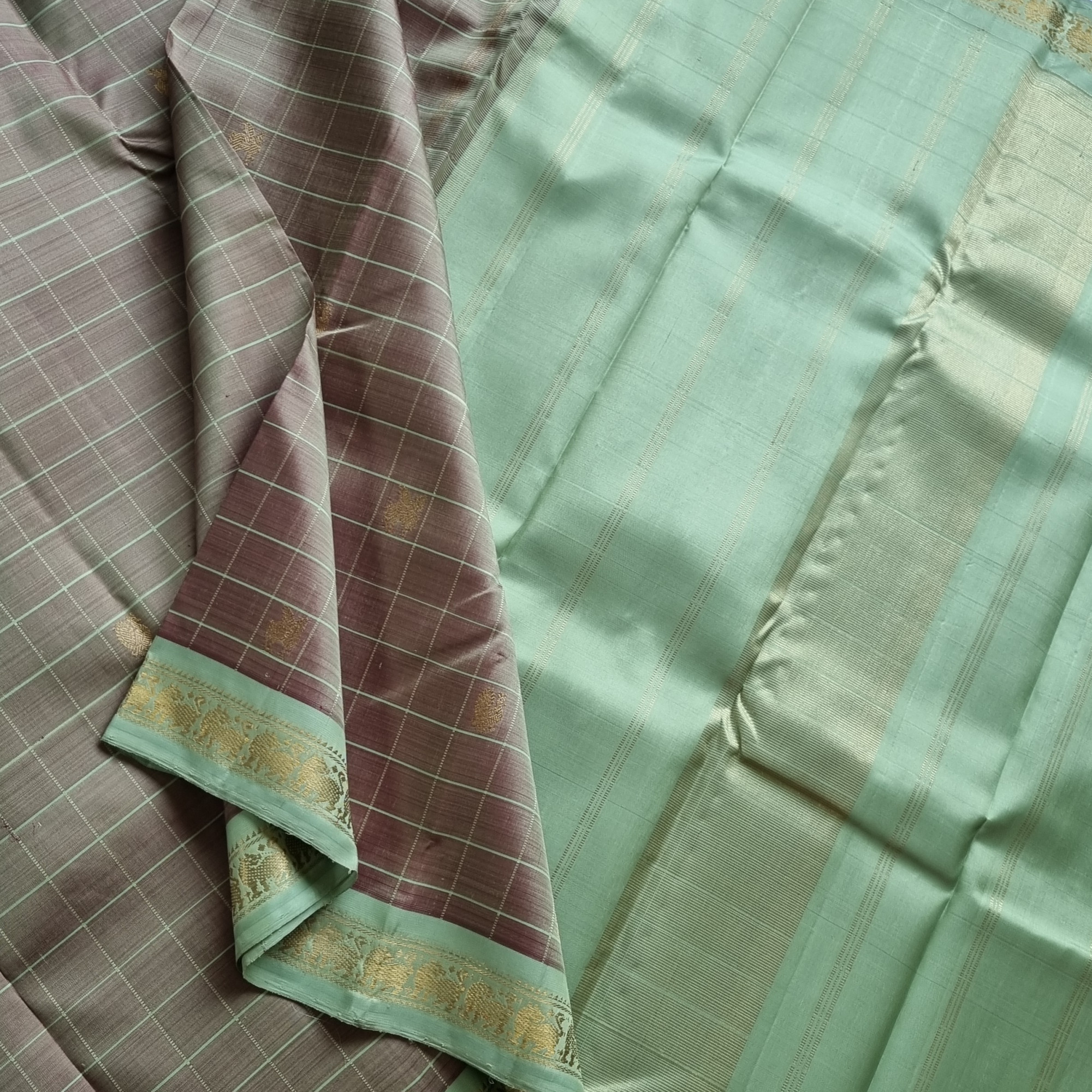 Kanjivaram pastel olive with mint