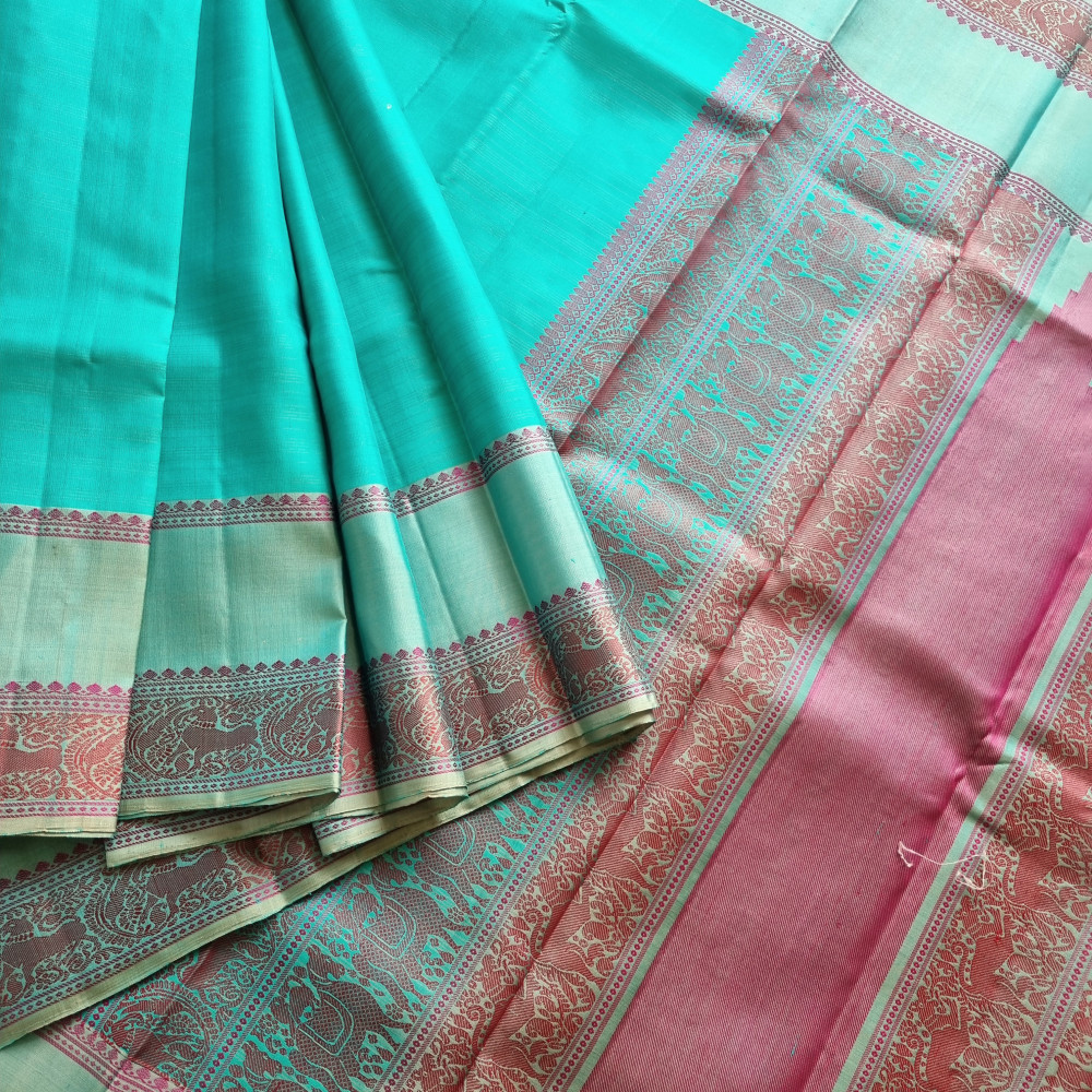Image of Kanjivaram Silk sea green threadwork