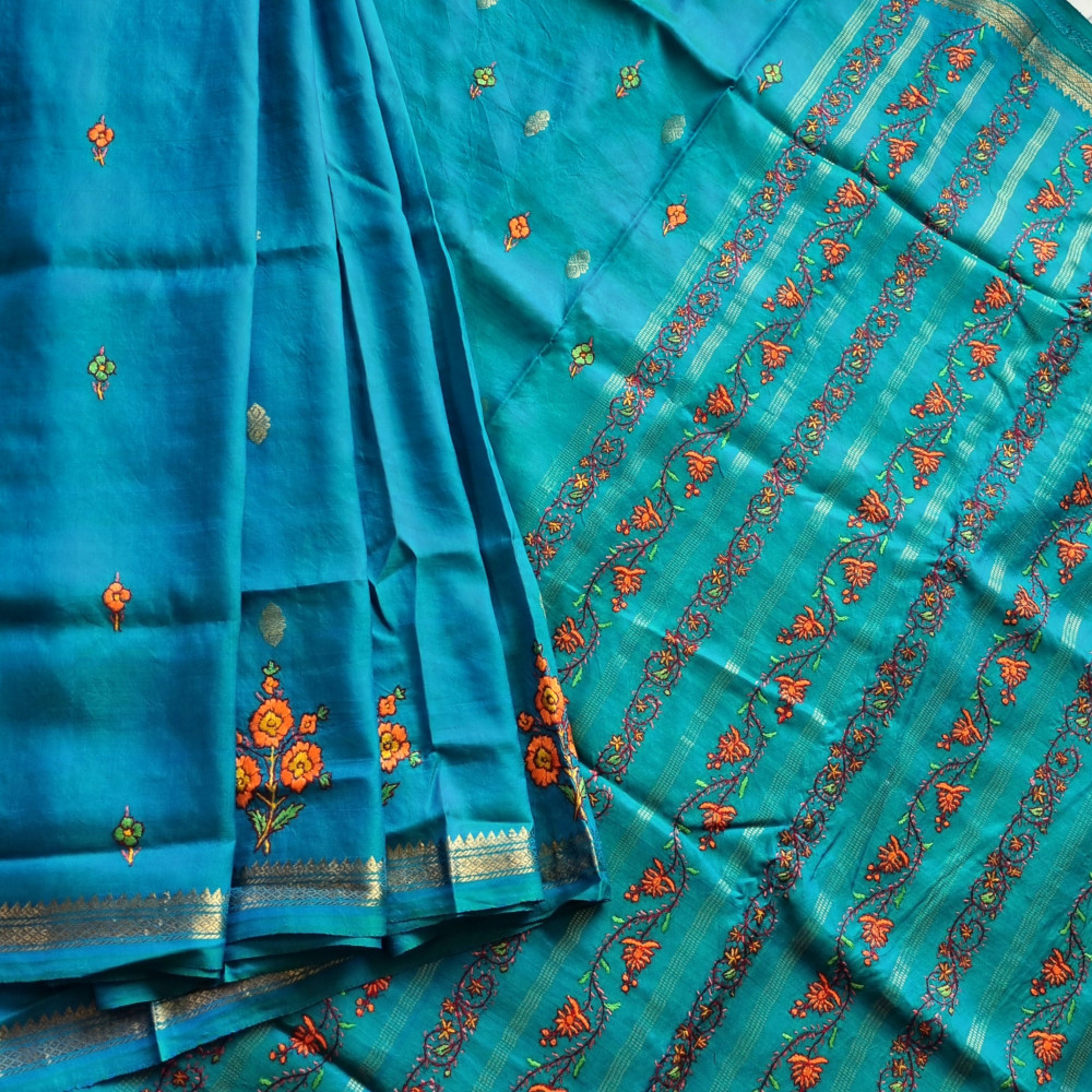 Image of Sozni X Kanjivaram Silk peacock colour