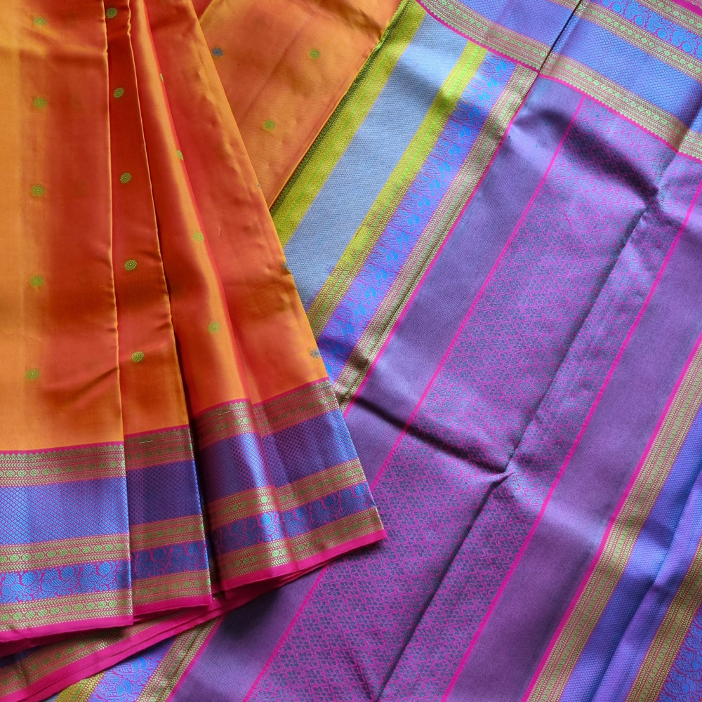 Image of Kanjivaram Silk shot orange threadwork