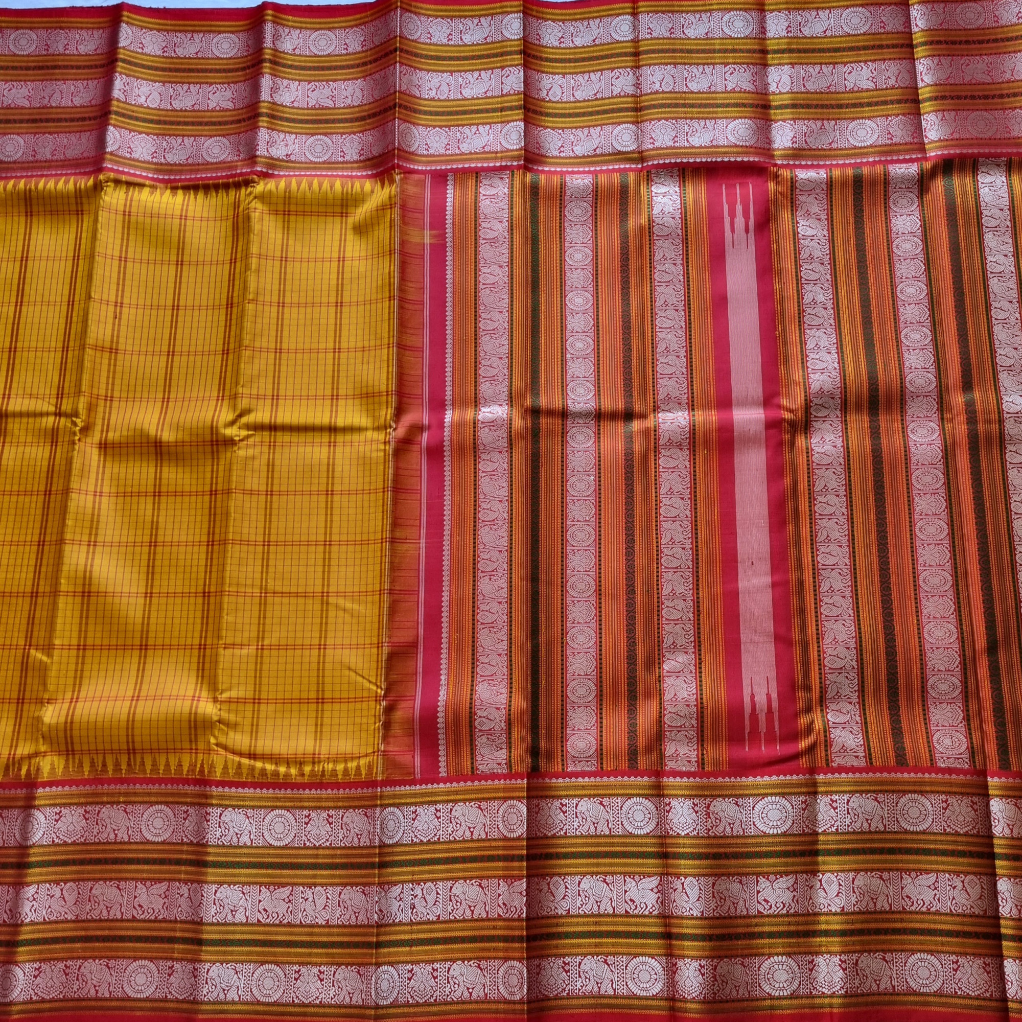 Kanjivaram Silk  vintage Kalakshetra style festive yellow Korvai threadwork