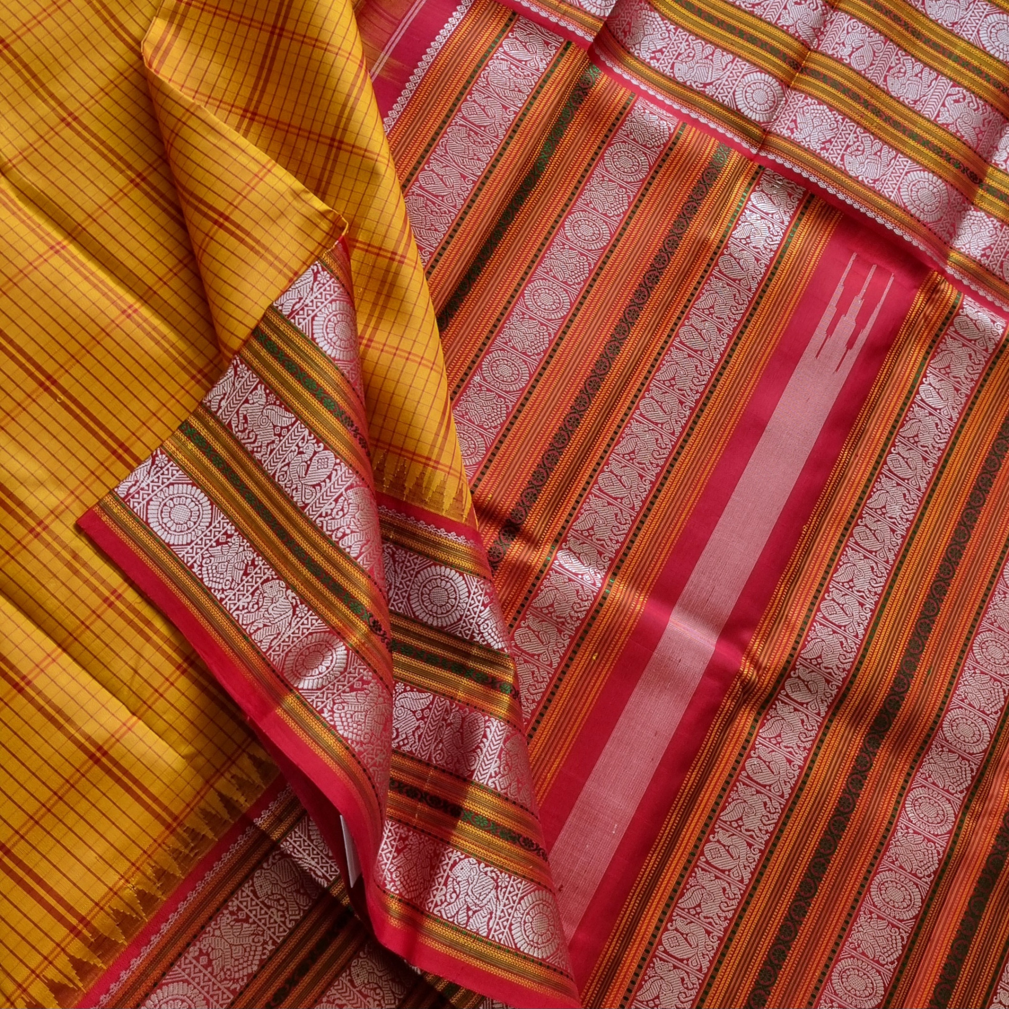 Kanjivaram Silk  vintage Kalakshetra style festive yellow Korvai threadwork