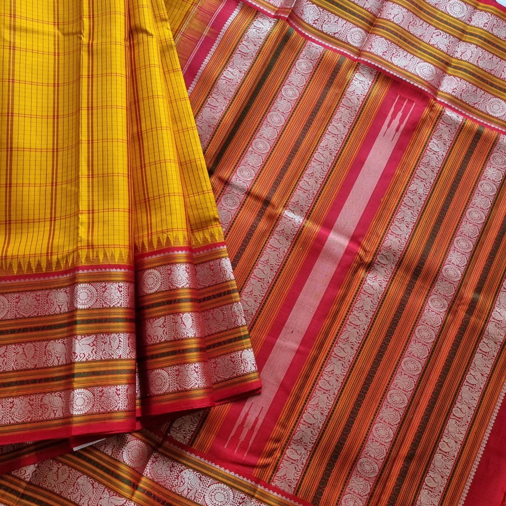 Image of Kanjivaram Silk  vintage Kalakshetra style festive yellow Korvai threadwork