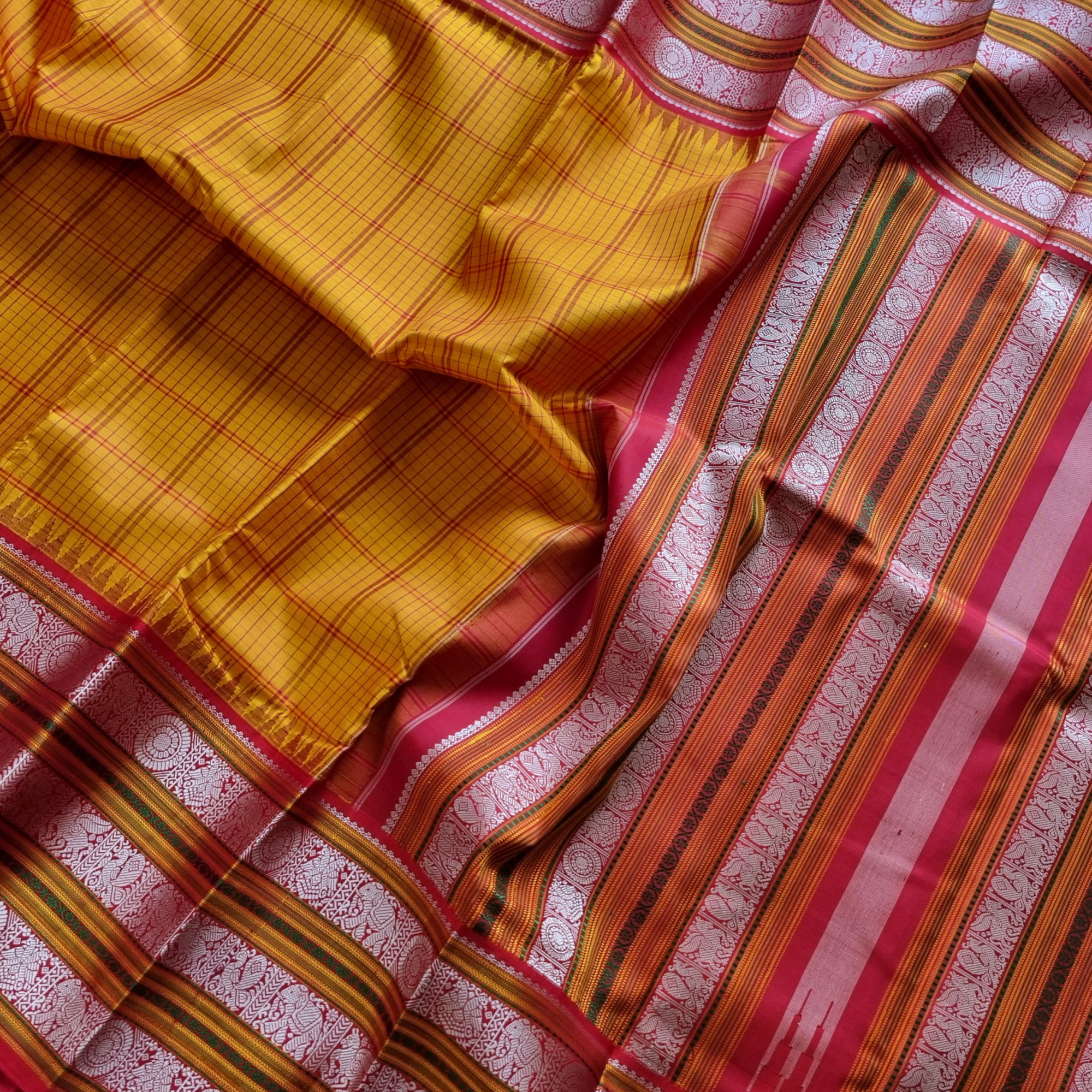 Kanjivaram Silk  vintage Kalakshetra style festive yellow Korvai threadwork