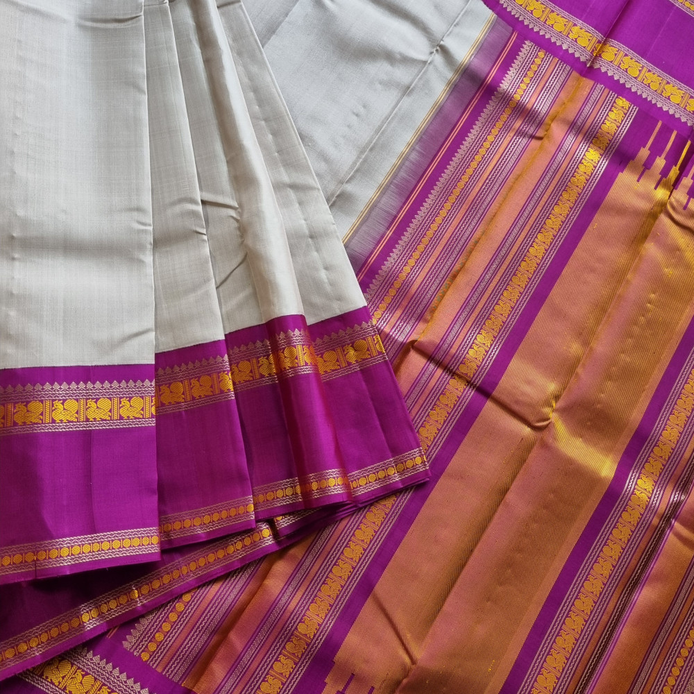 Image of Kanjivaram Silk beige pearl magenta Korvai threadwork