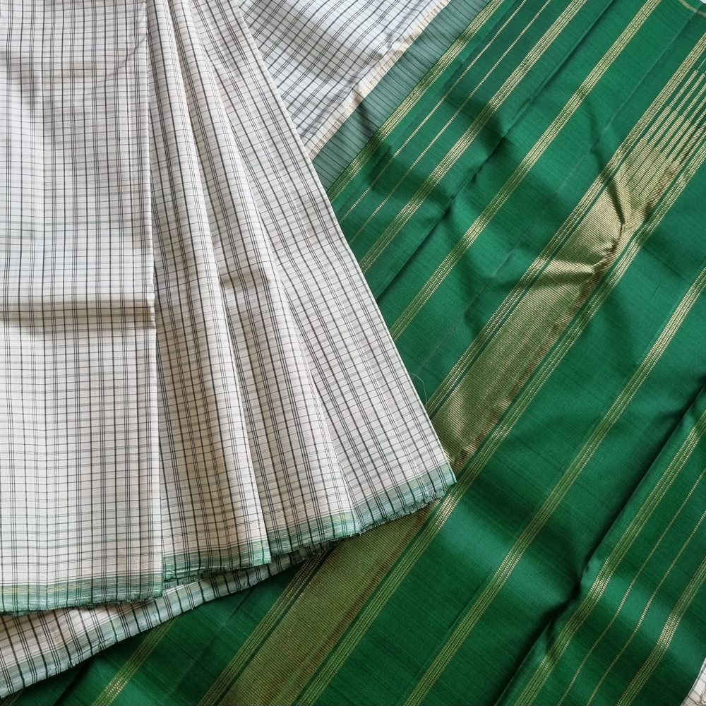 Image of Kanjivaram Silk offwhite grids with green pallu