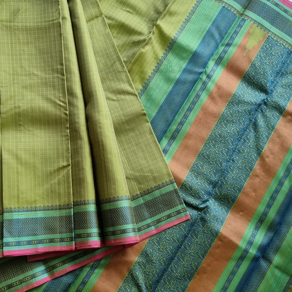 Image of Kanjivaram Silk pastel green threadwork