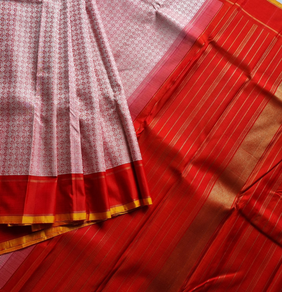 Image of Kanjivaram Silk 1000 buttas pearl and red