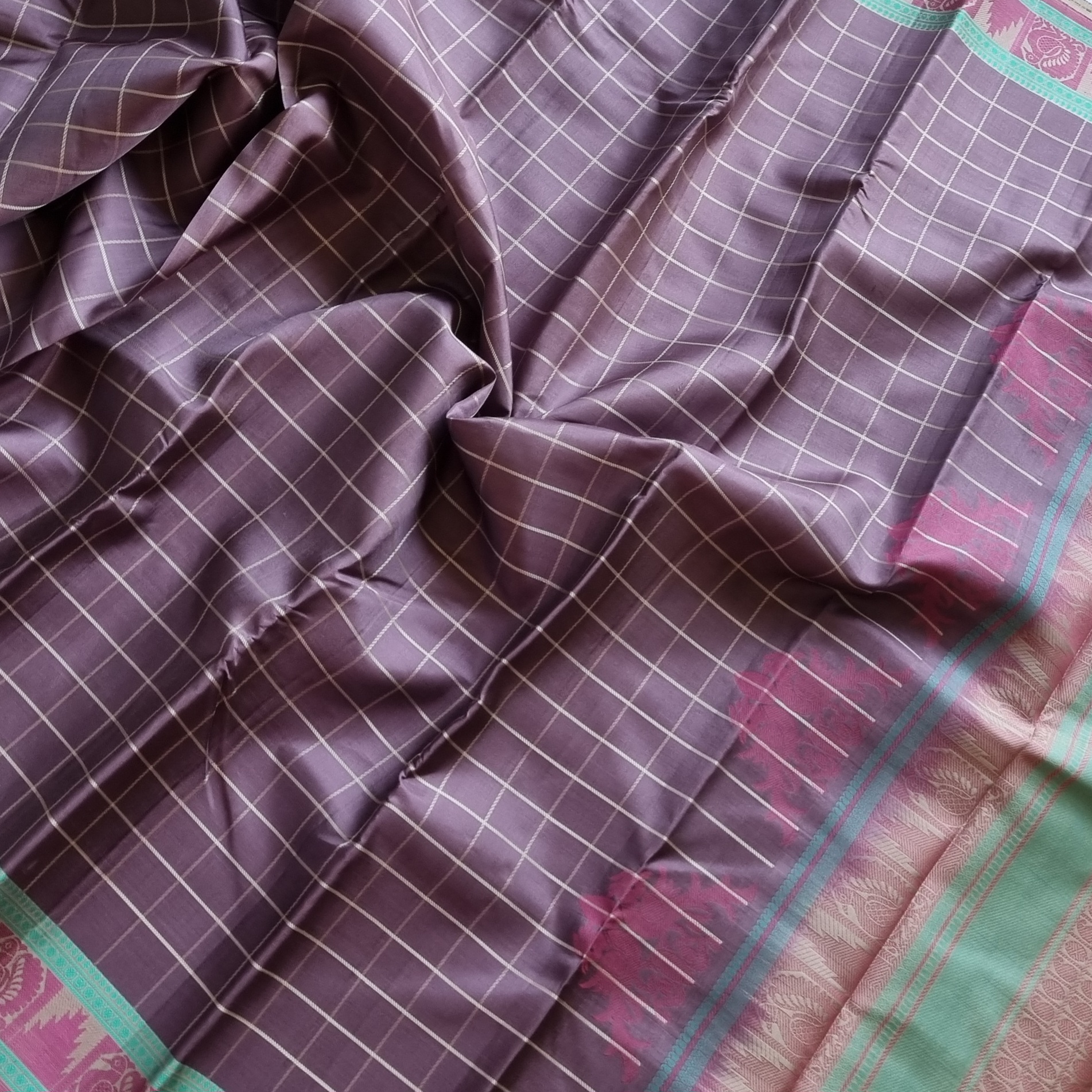 Kanjivaram Silk taupe checked threadwork