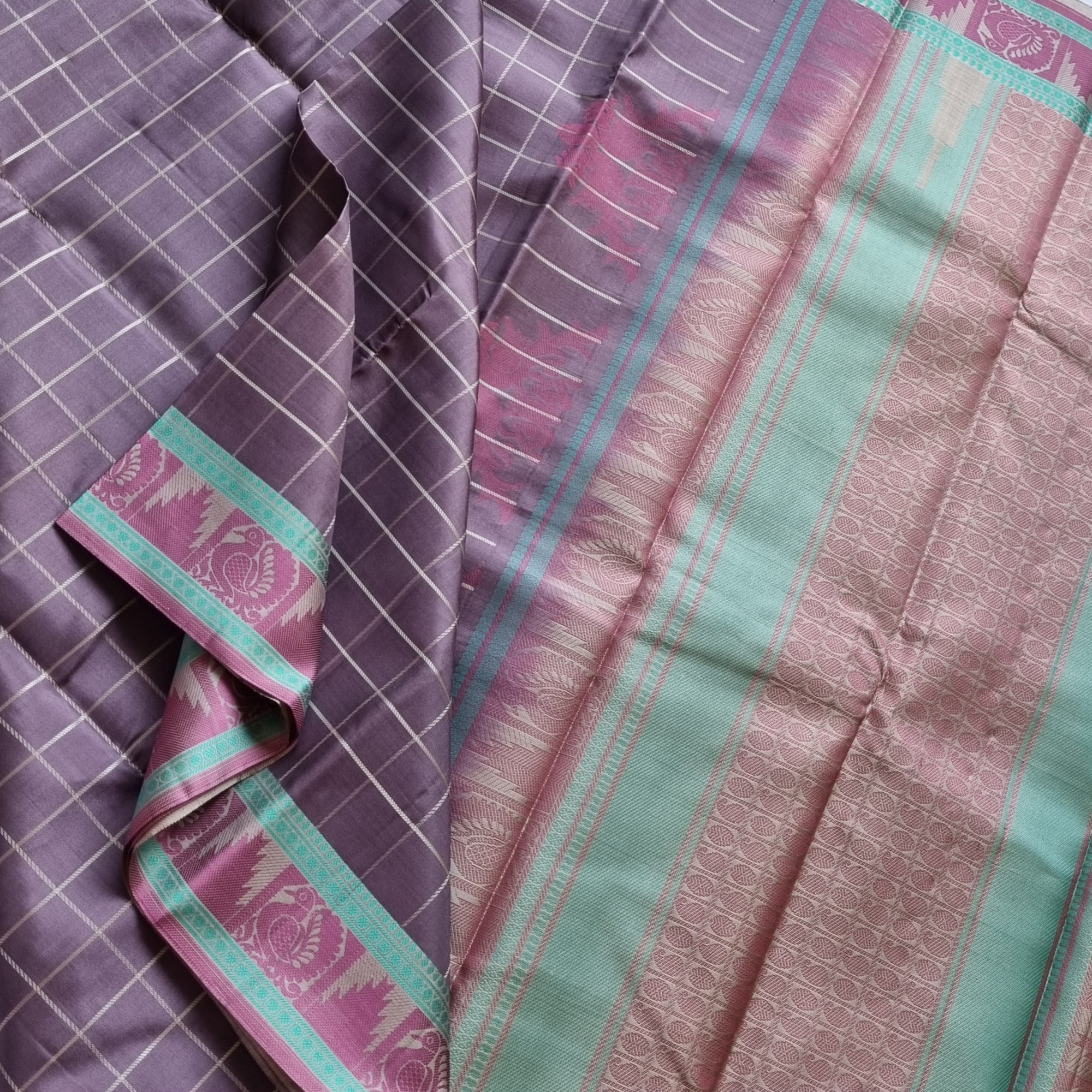 Kanjivaram Silk taupe checked threadwork