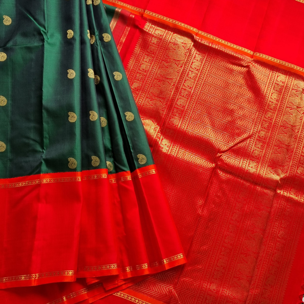 Image of Kanjivaram Silk green and red Korvai
