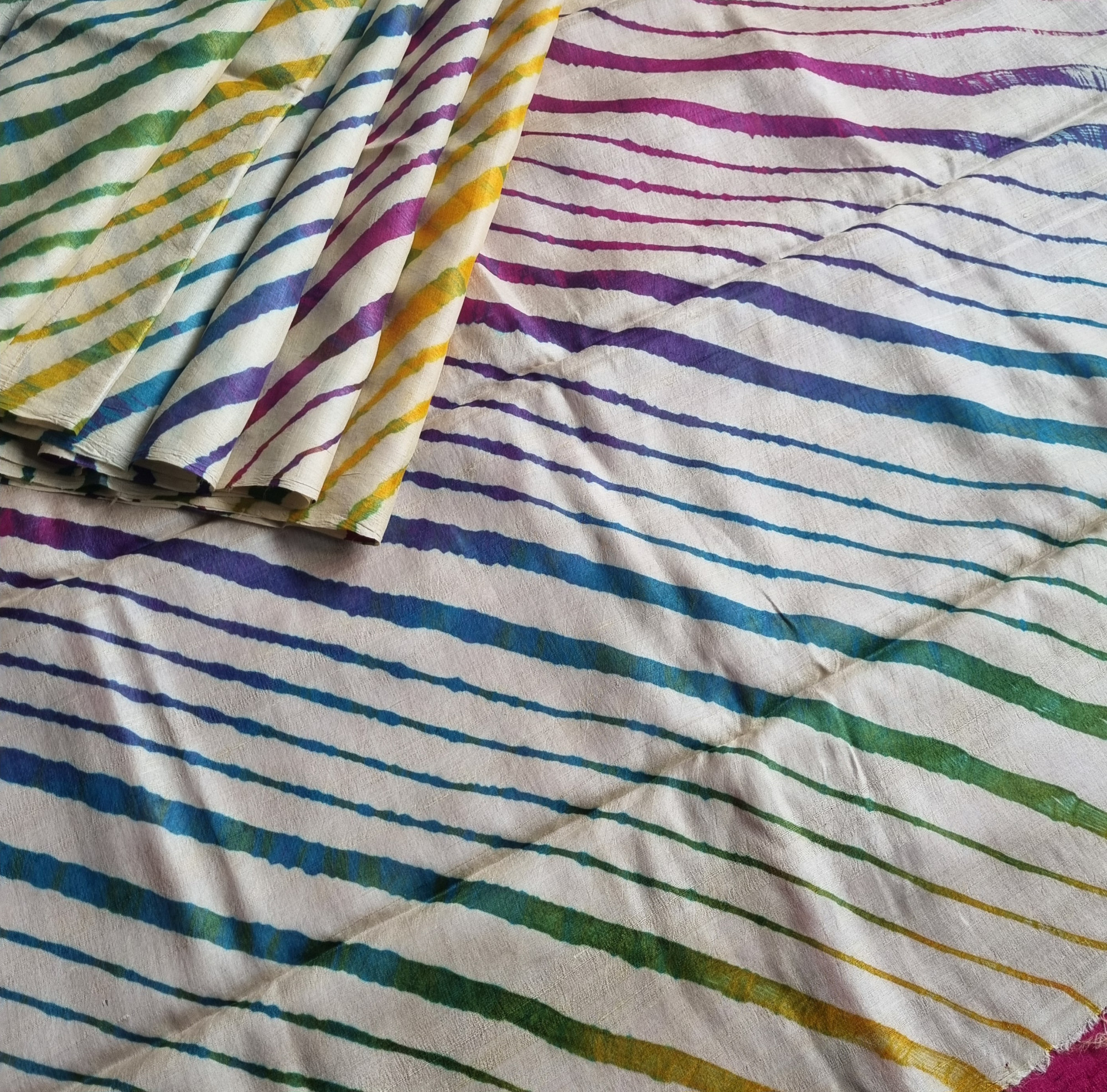Handcrafted tasar Lehariya saree ivory with multi color
