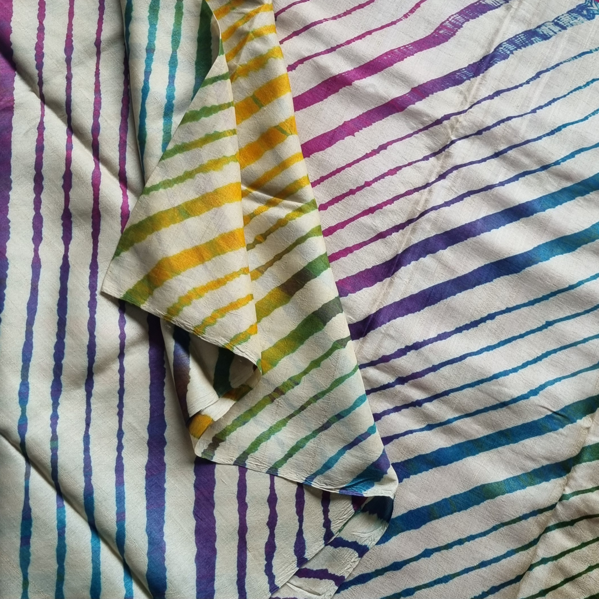 Handcrafted tasar Lehariya saree ivory with multi color