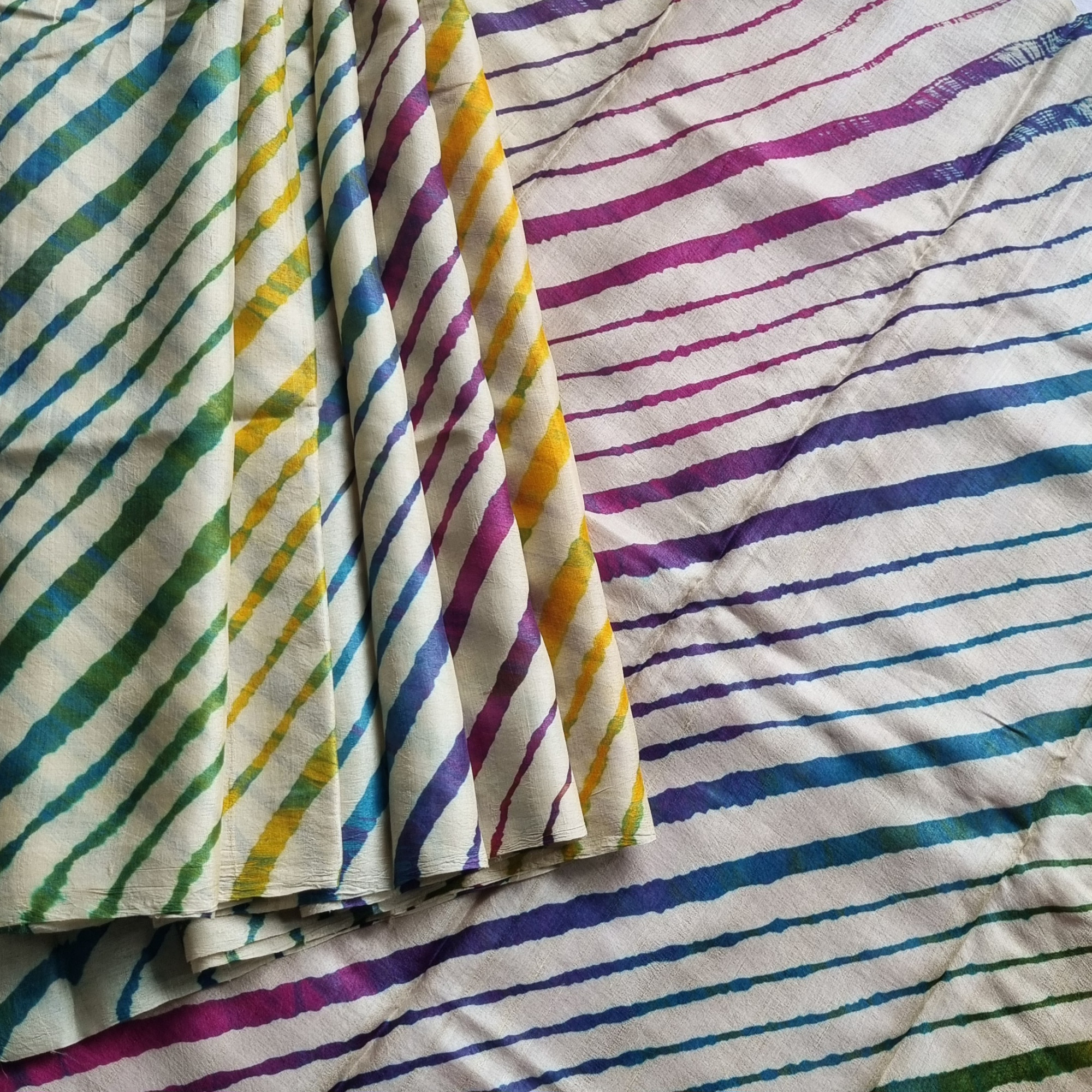 Handcrafted tasar Lehariya saree ivory with multi color