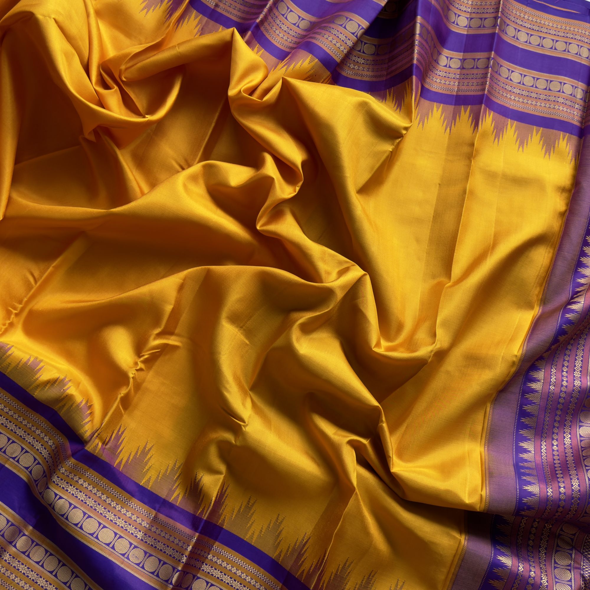 Kanjivaram Silk Yellow purple threadwork Korvai