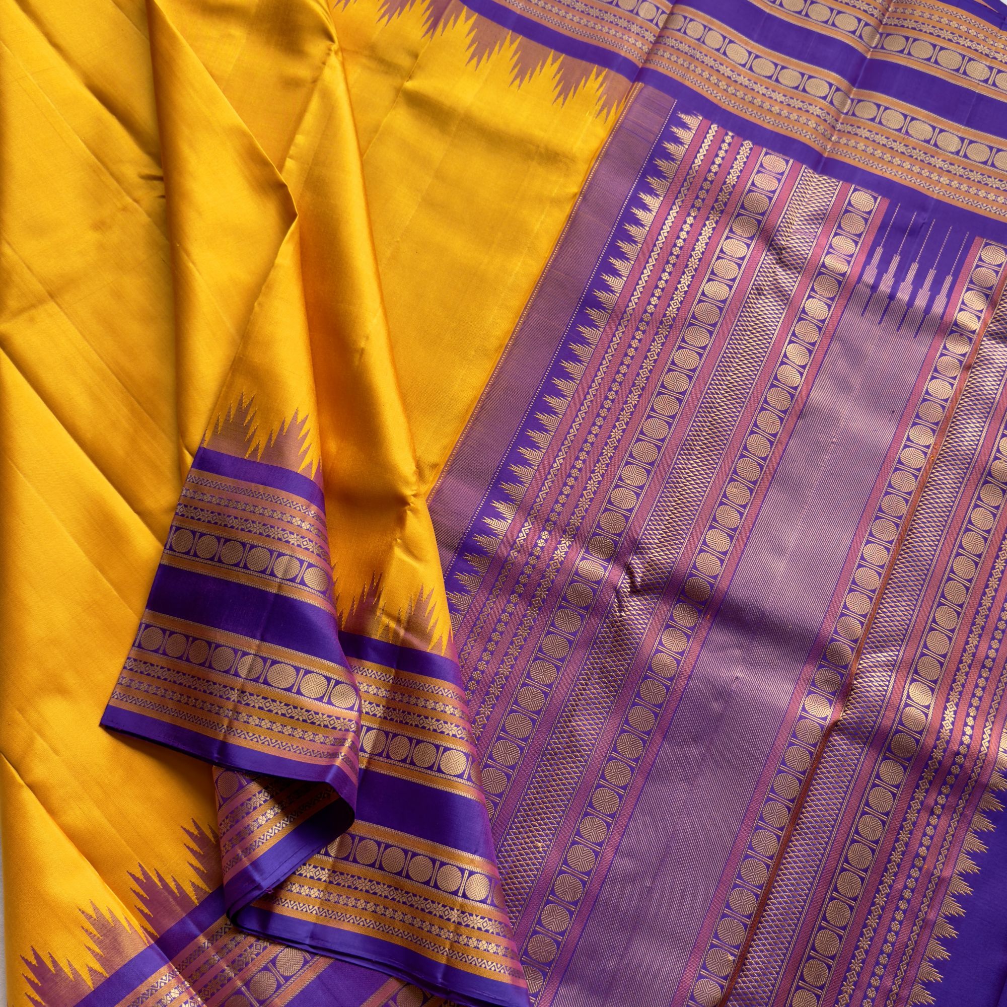 Kanjivaram Silk Yellow purple threadwork Korvai