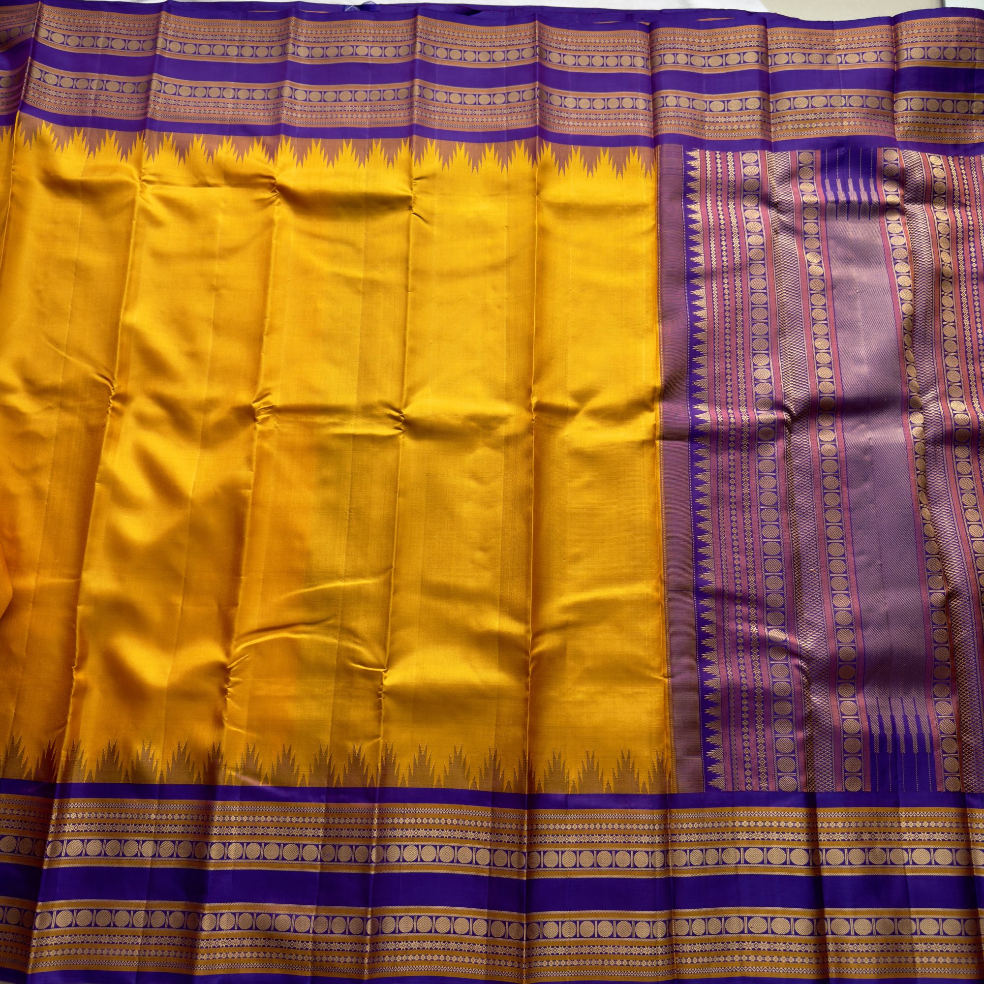 Kanjivaram Silk Yellow purple threadwork Korvai