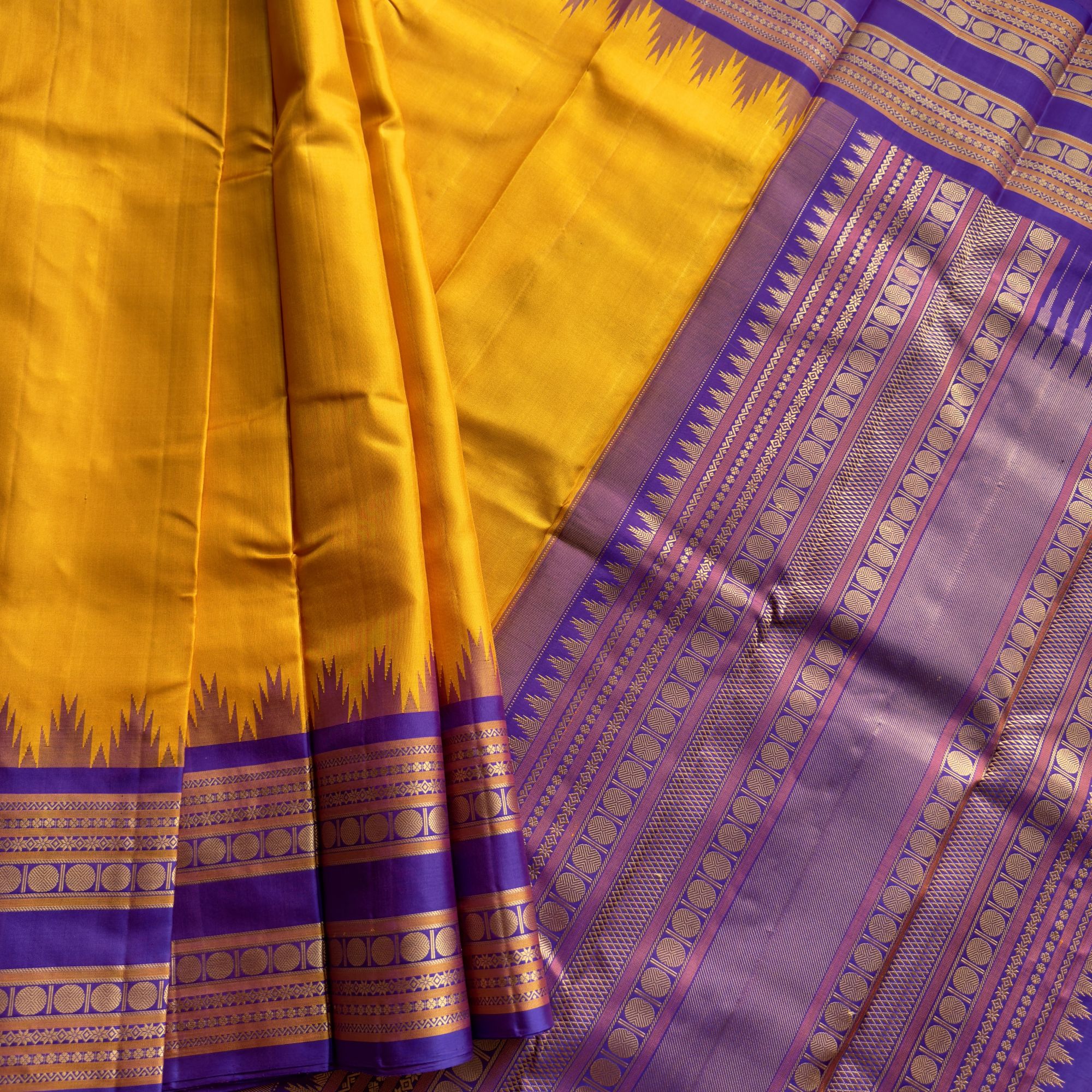 Kanjivaram Silk Yellow purple threadwork Korvai