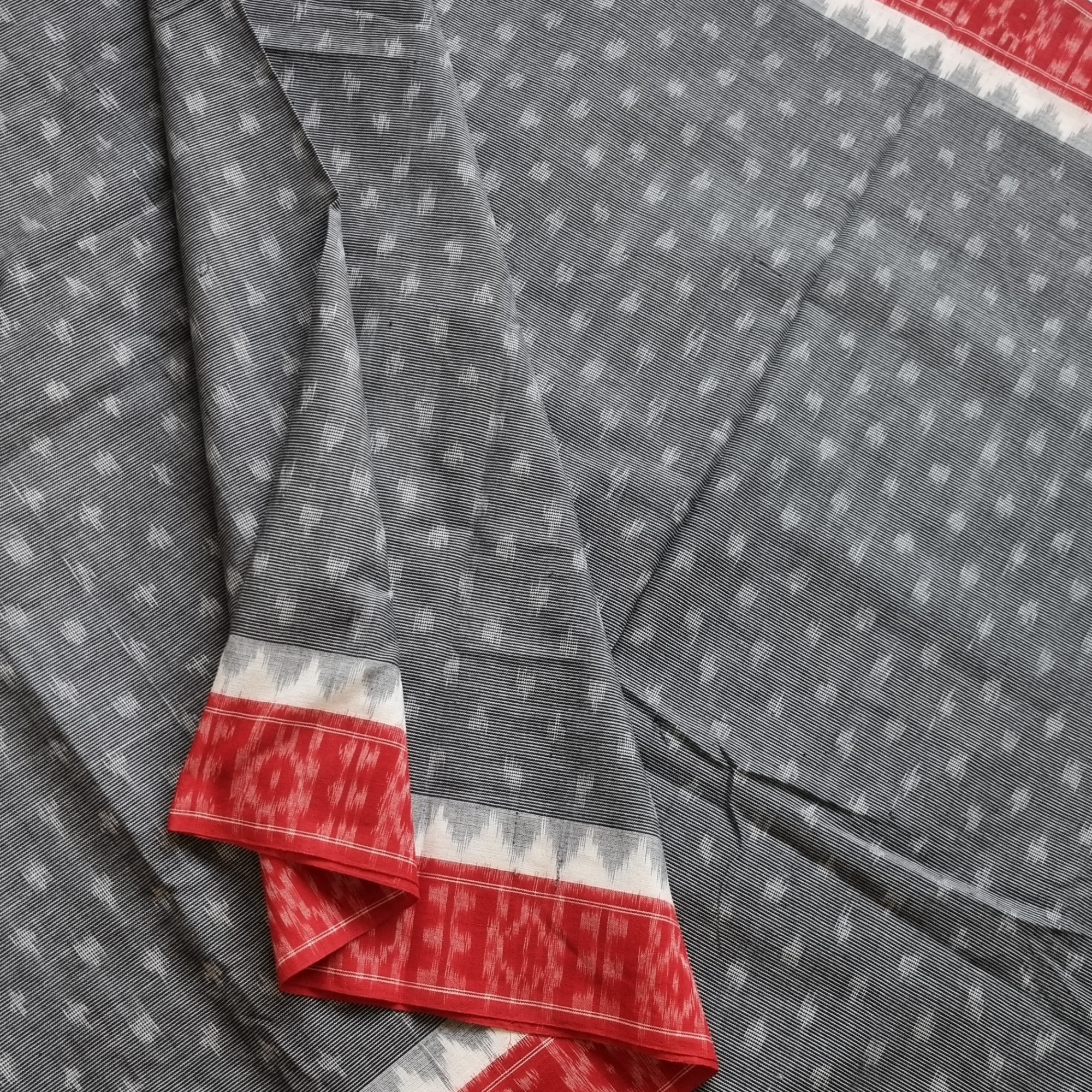 YARDAGE - Cotton Ikat grey with red borders